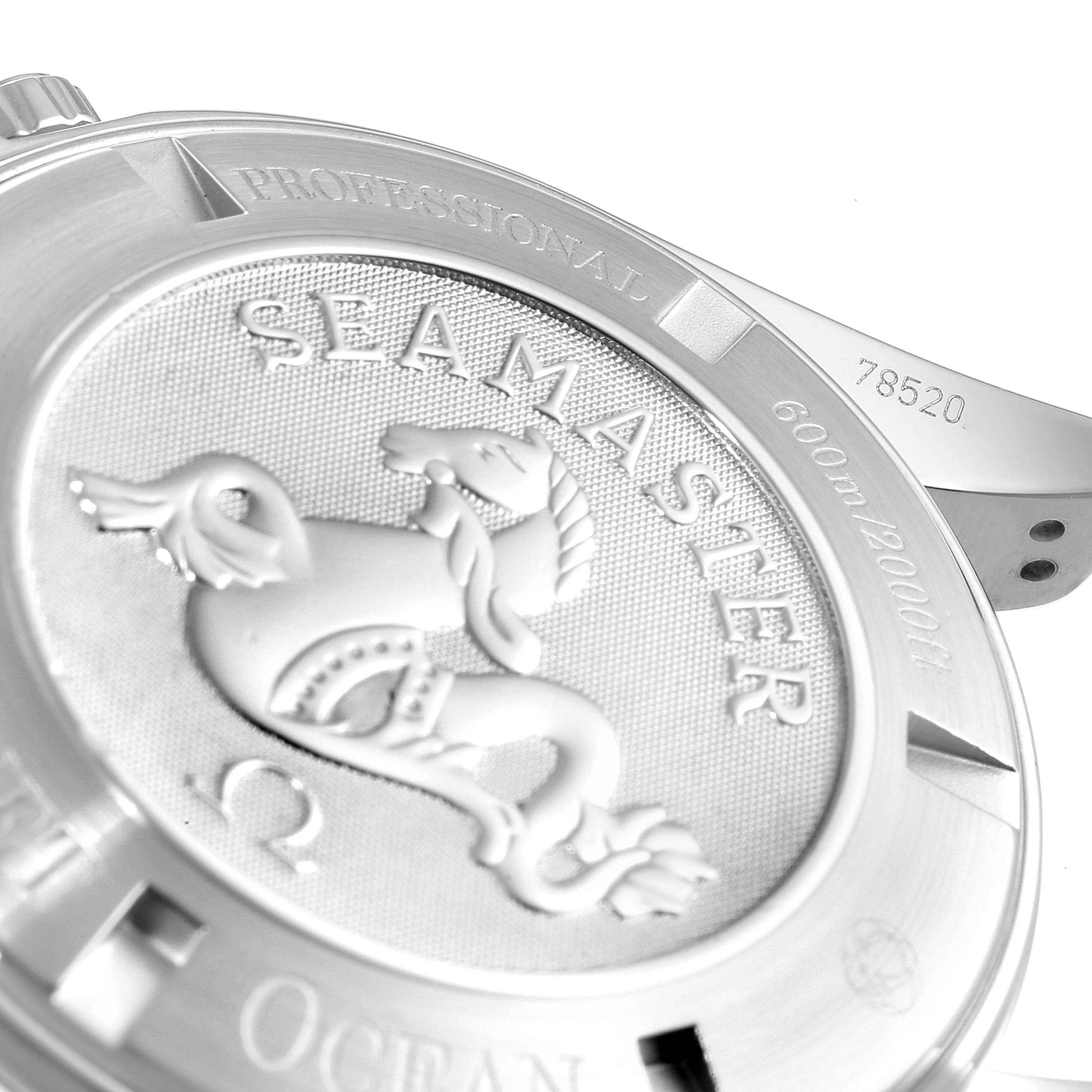 The image shows the back case of the Omega Planet Ocean 2210.50.00 Men's Stainless Steel Black Dial 2210.50.00 Men's Stainless Steel Black Dial watch, displaying the "Seamaster" engraving and other specifications.