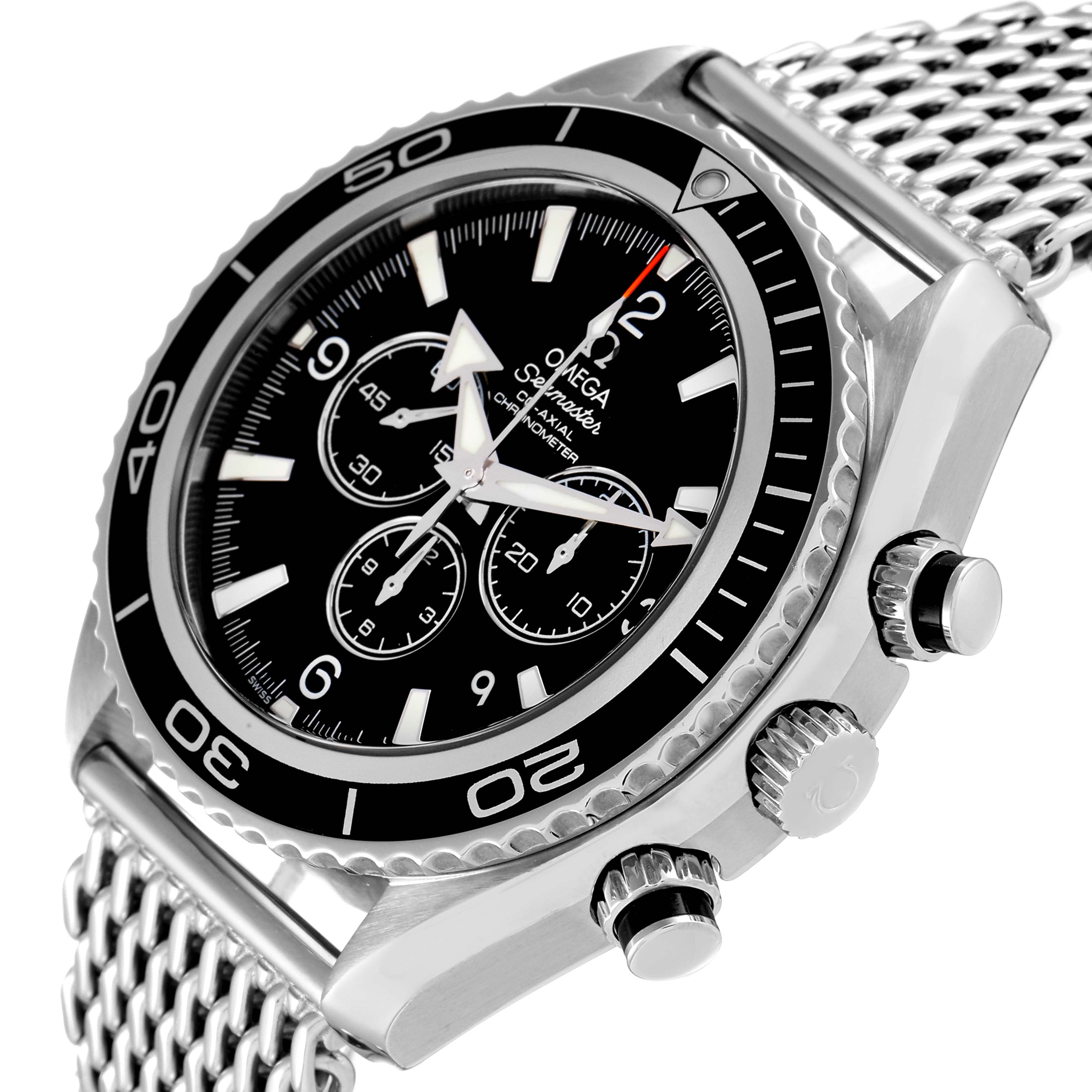 The Omega Planet Ocean 2210.50.00 Men's Stainless Steel Black Dial 2210.50.00 Men's Stainless Steel Black Dial watch is shown at an angled close-up highlighting the face, bezel, chronograph sub-dials, and crown.