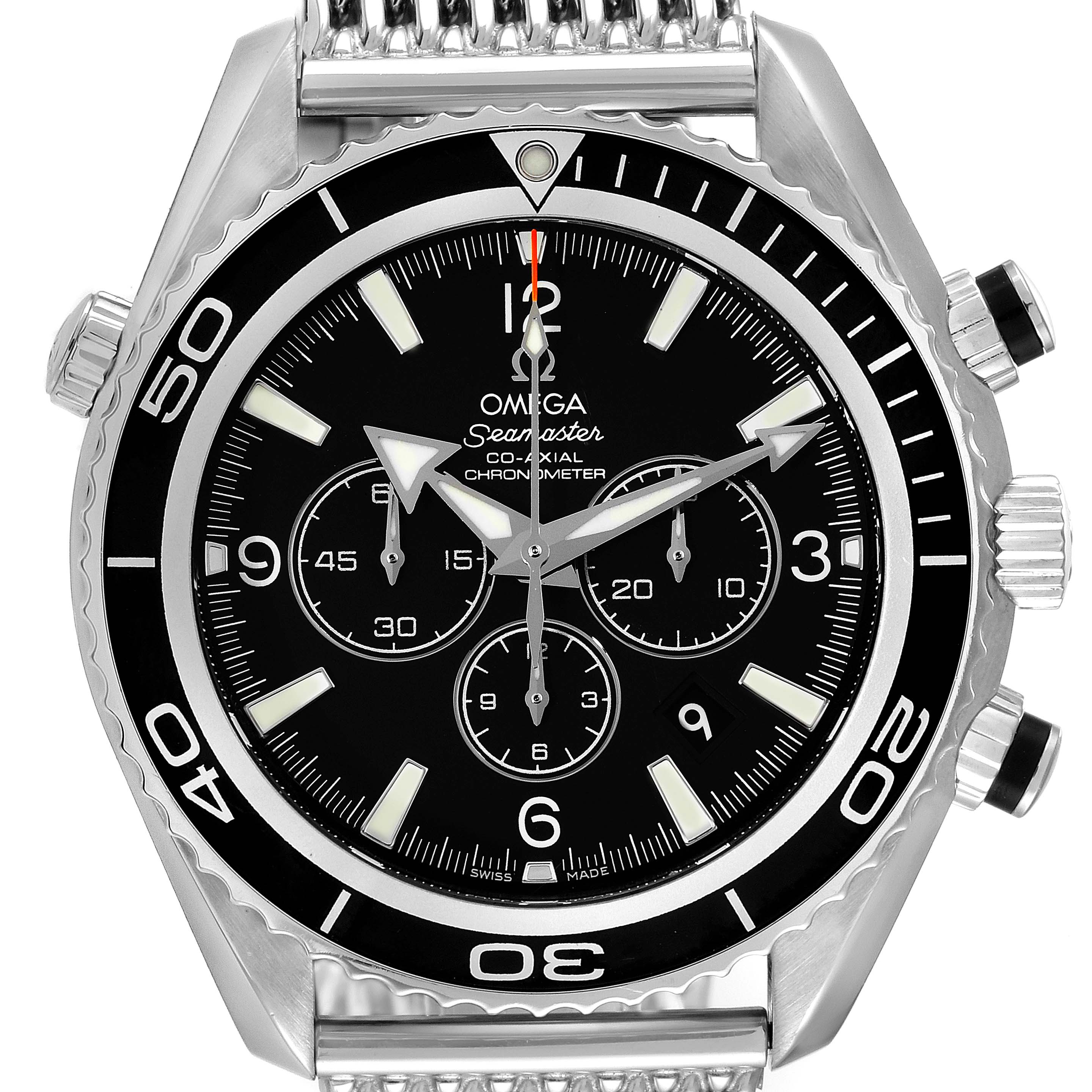 This image shows a front view of the Omega Planet Ocean 2210.50.00 Men's Stainless Steel Black Dial 2210.50.00 Men's Stainless Steel Black Dial Seamaster watch, highlighting its dial, bezel, and chronograph subdials.