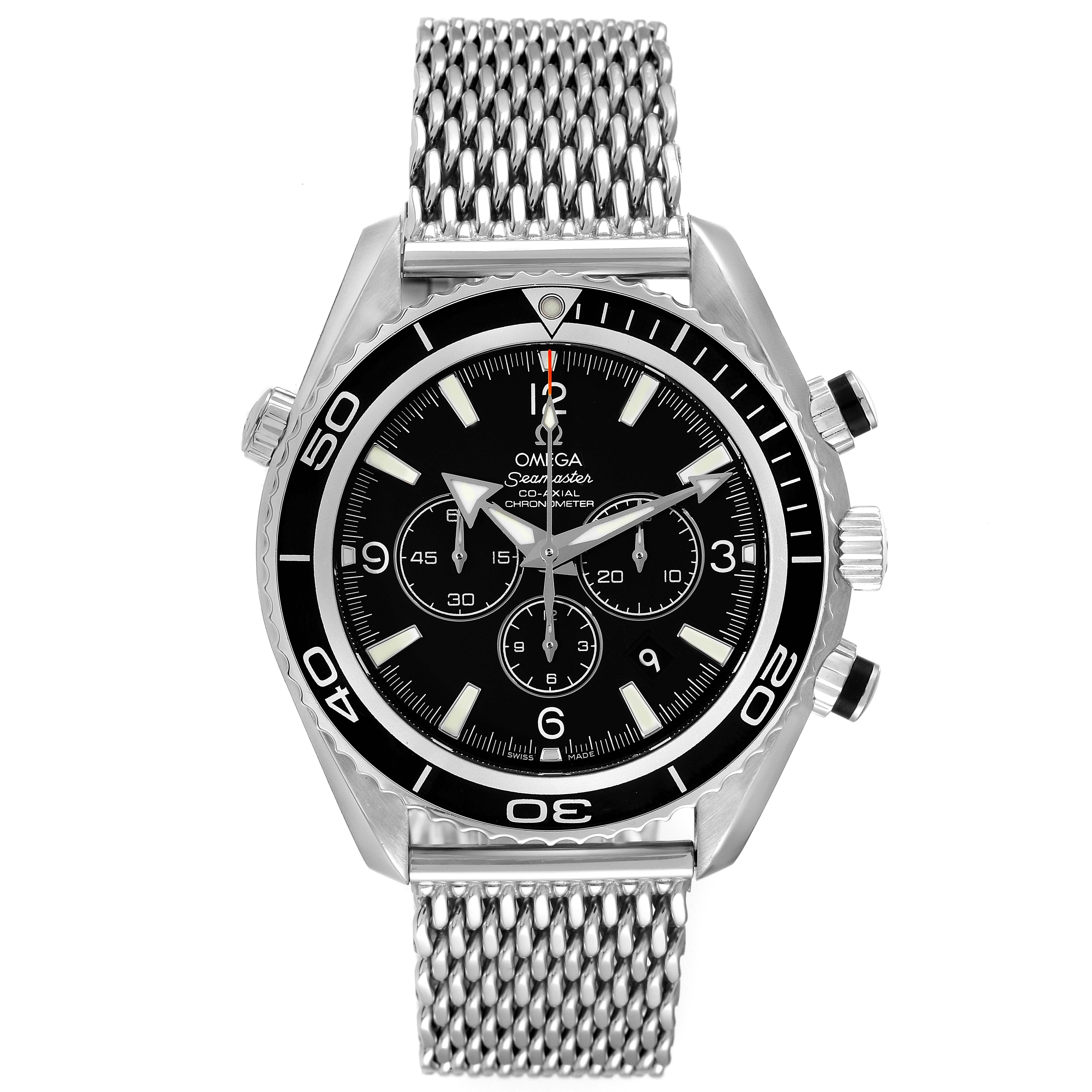 The image shows a front view of the Omega Planet Ocean 2210.50.00 Men's Stainless Steel Black Dial 2210.50.00 Men's Stainless Steel Black Dial watch highlighting its black bezel, dial, and mesh strap.