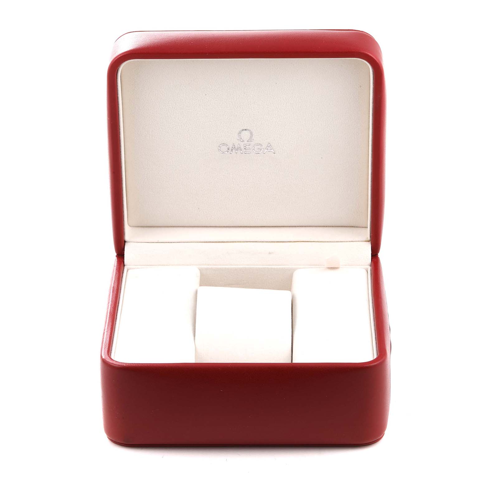 This image shows an empty Omega watch box for the Planet Ocean model, with an open lid and a red exterior.