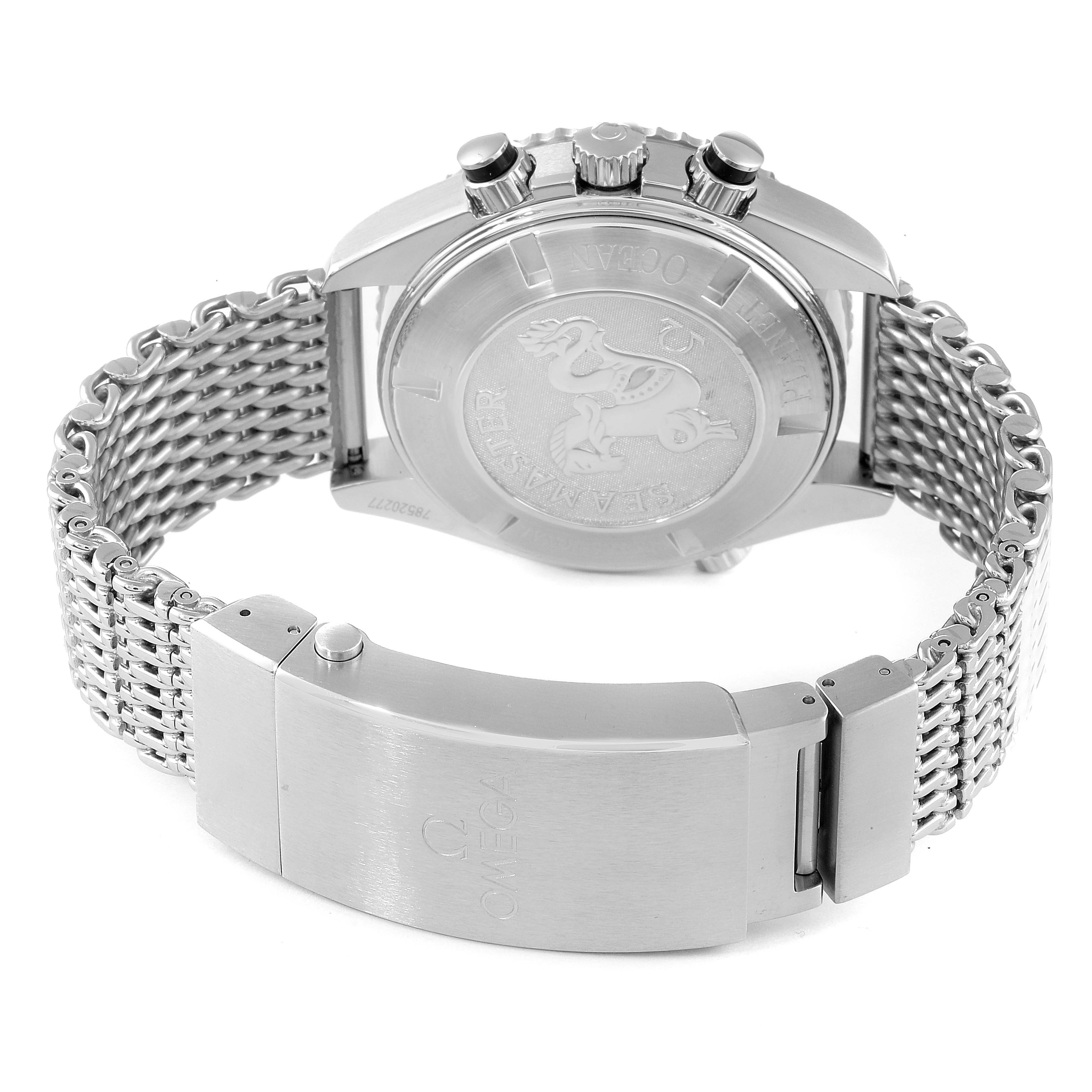 The image shows the back view of an Omega Planet Ocean 2210.50.00 Men's Stainless Steel Black Dial 2210.50.00 Men's Stainless Steel Black Dial watch, highlighting its case back and stainless steel bracelet.