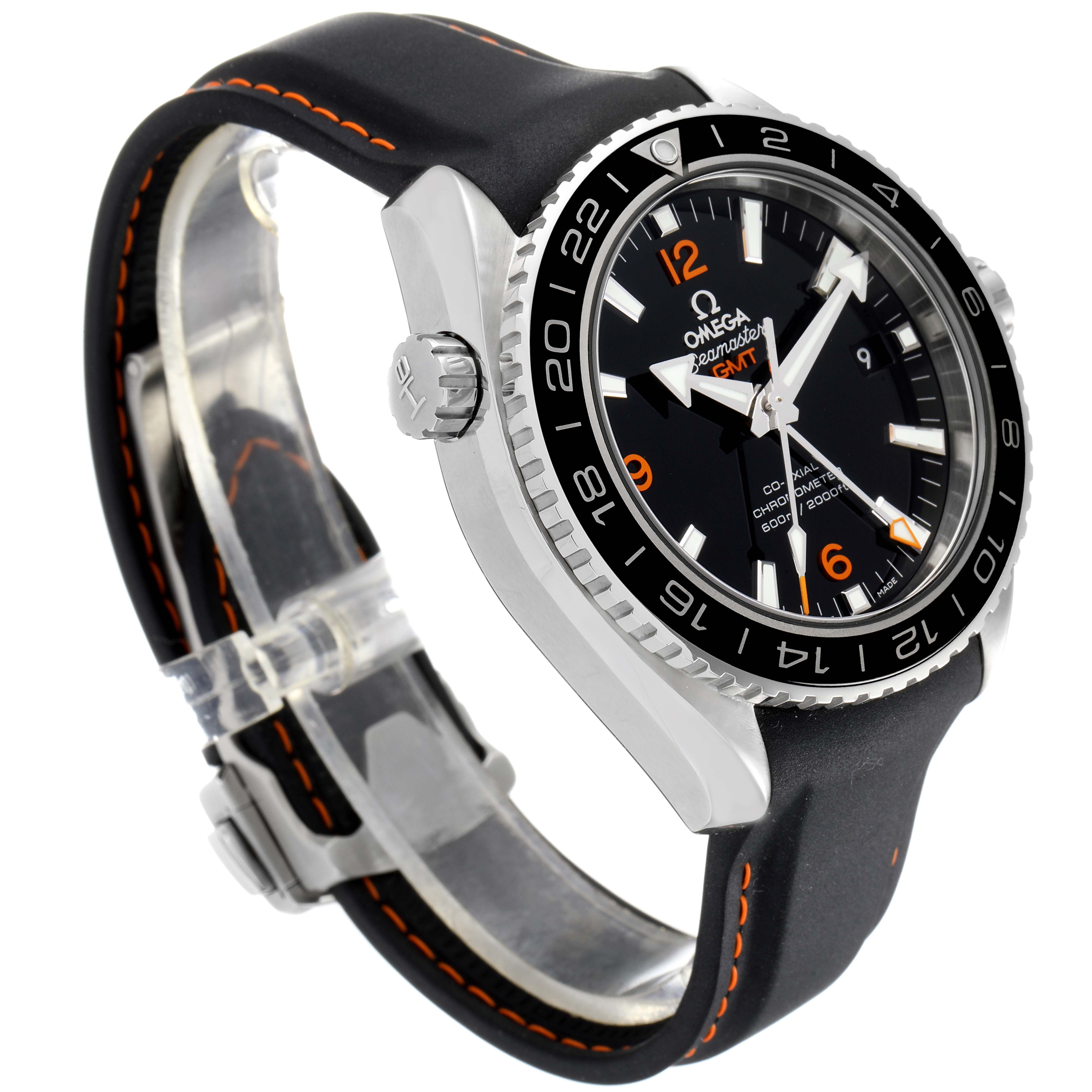 The Omega Planet Ocean 232.32.44.22.01.002 Men
s Stainless Steel Black Dial 232.32.44.22.01.002 Men
s Stainless Steel Black Dial watch is shown at a side angle, displaying its face, bezel, crown, and strap.