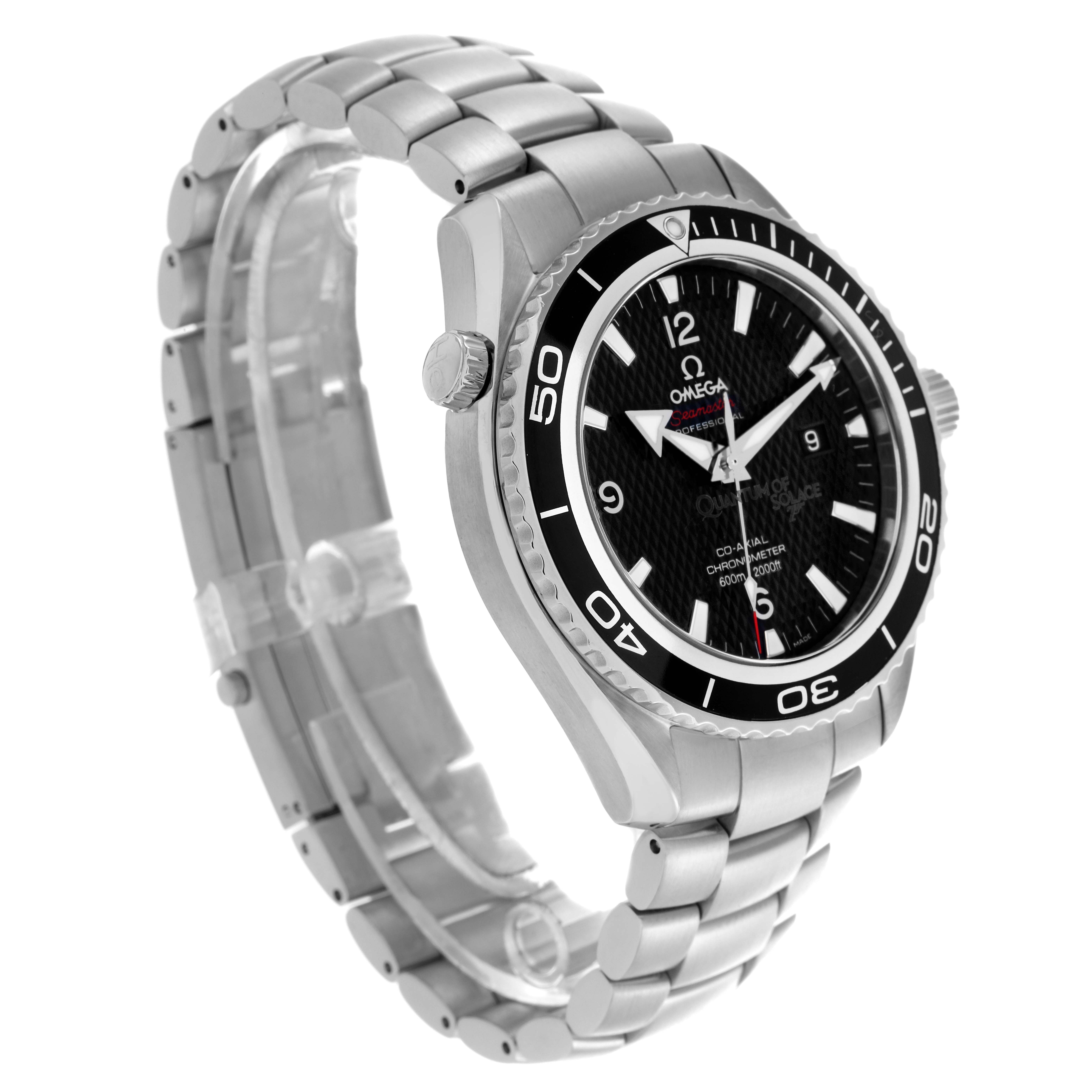 The Omega Planet Ocean 222.30.46.20.01.001 Men's Stainless Steel Black Dial 222.30.46.20.01.001 Men's Stainless Steel Black Dial watch is shown from a slightly angled side view, displaying the bezel, dial, and bracelet.