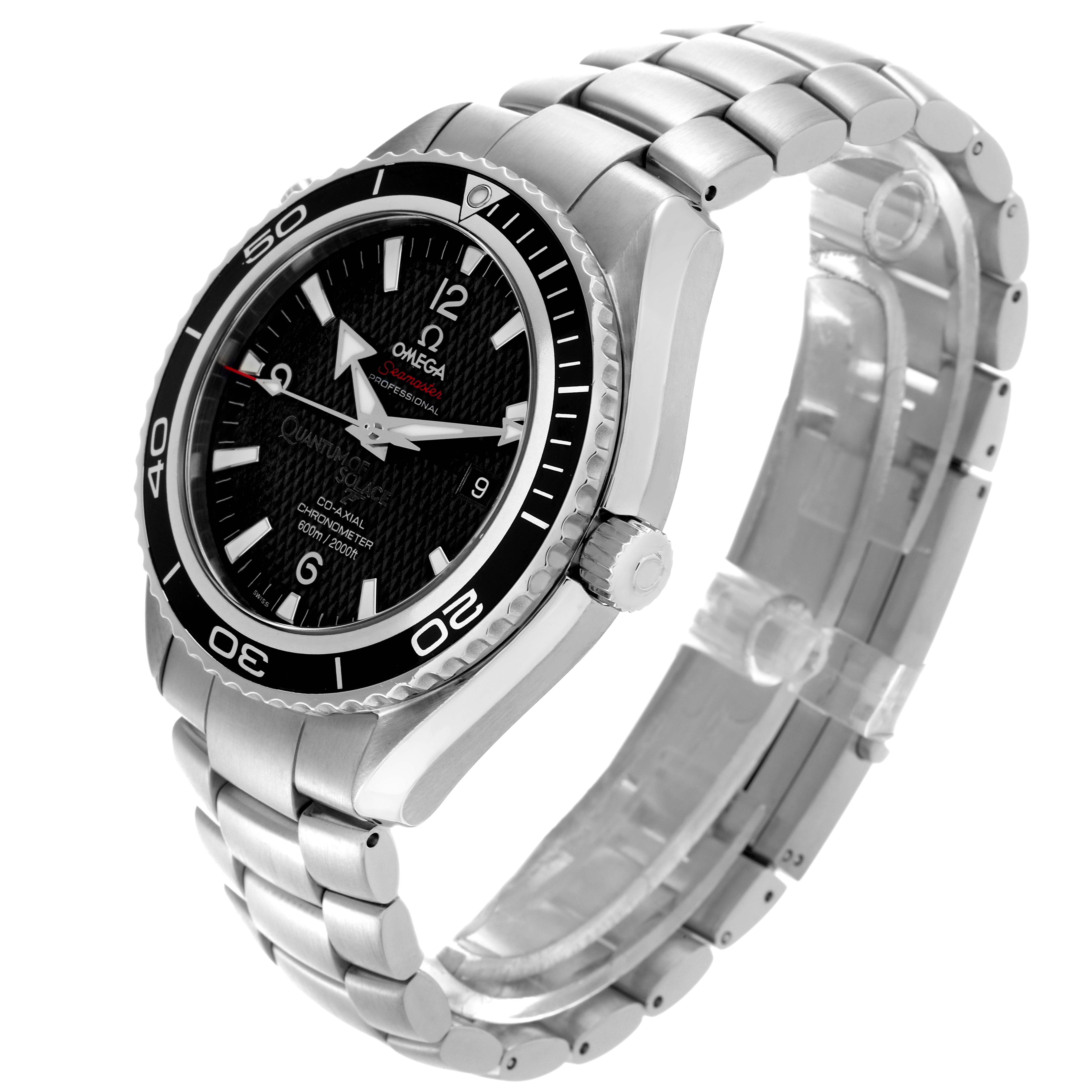 The Omega Planet Ocean 222.30.46.20.01.001 Men's Stainless Steel Black Dial 222.30.46.20.01.001 Men's Stainless Steel Black Dial watch is shown at a three-quarter angle, highlighting the bezel, dial, crown, and stainless steel bracelet.