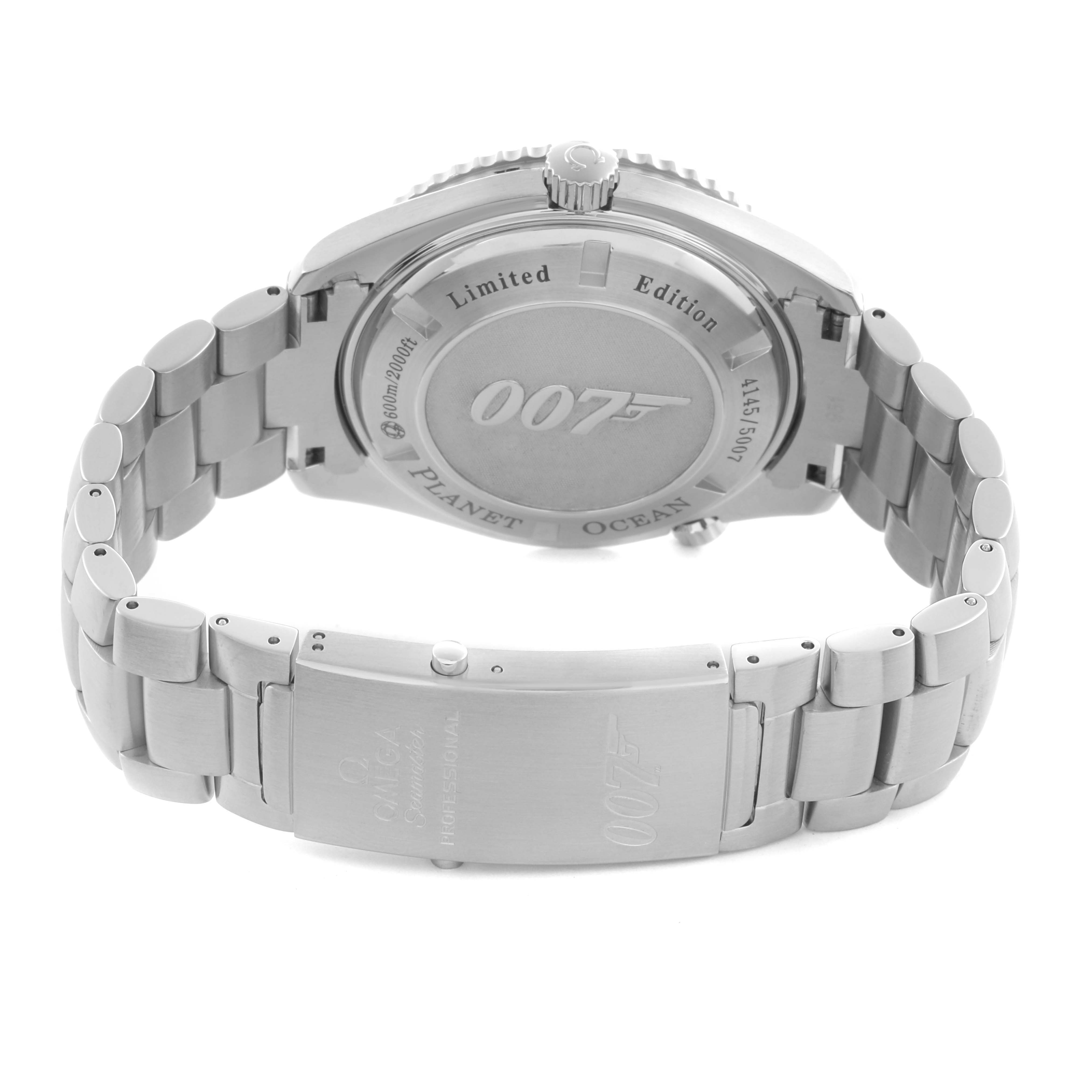 The Omega Planet Ocean 222.30.46.20.01.001 Men's Stainless Steel Black Dial 222.30.46.20.01.001 Men's Stainless Steel Black Dial watch is shown from the back, highlighting the case back and metal bracelet with "007" and limited edition details.