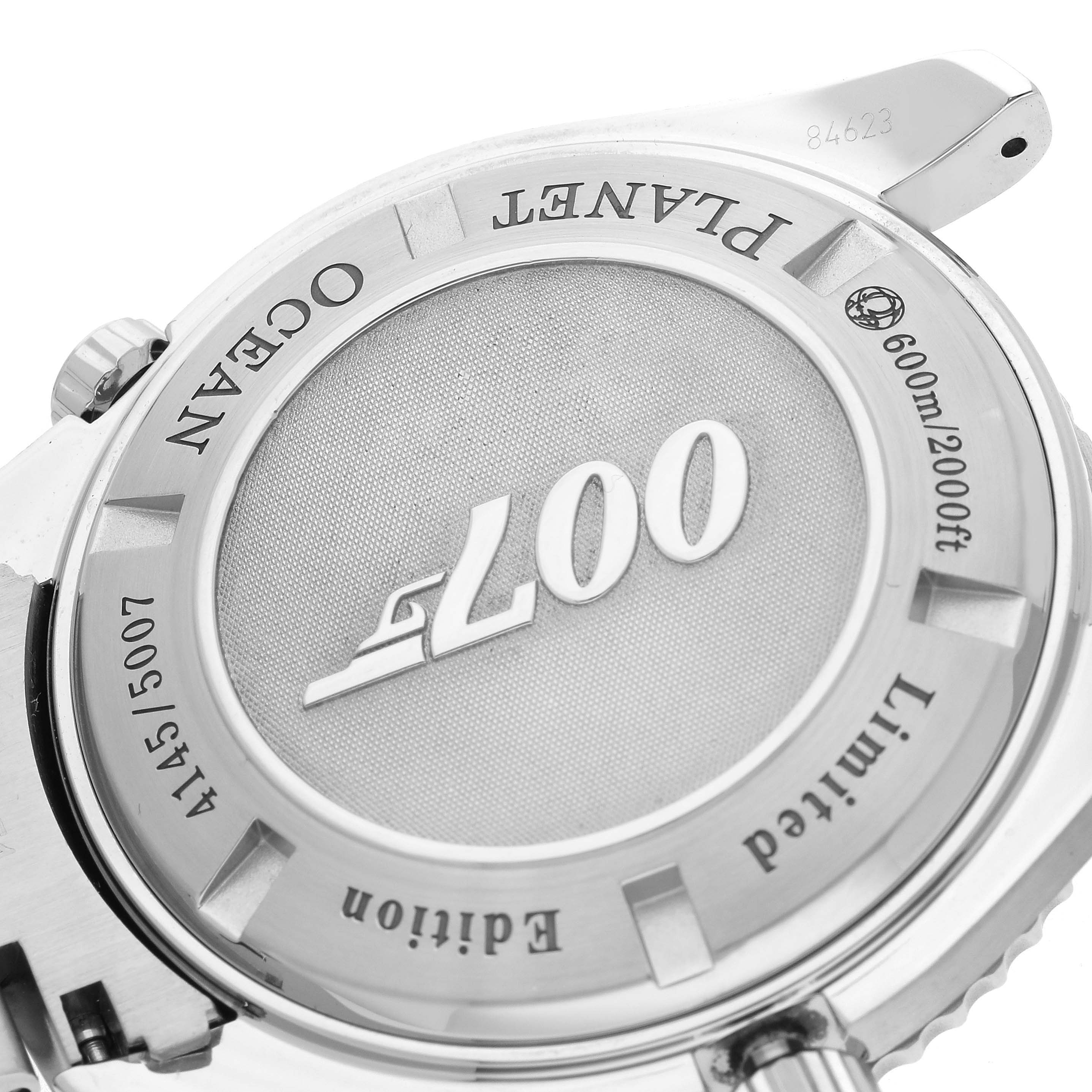 The image shows the back of the Omega Planet Ocean 222.30.46.20.01.001 Men's Stainless Steel Black Dial 222.30.46.20.01.001 Men's Stainless Steel Black Dial watch, featuring the "007" logo and "Limited Edition" markings.