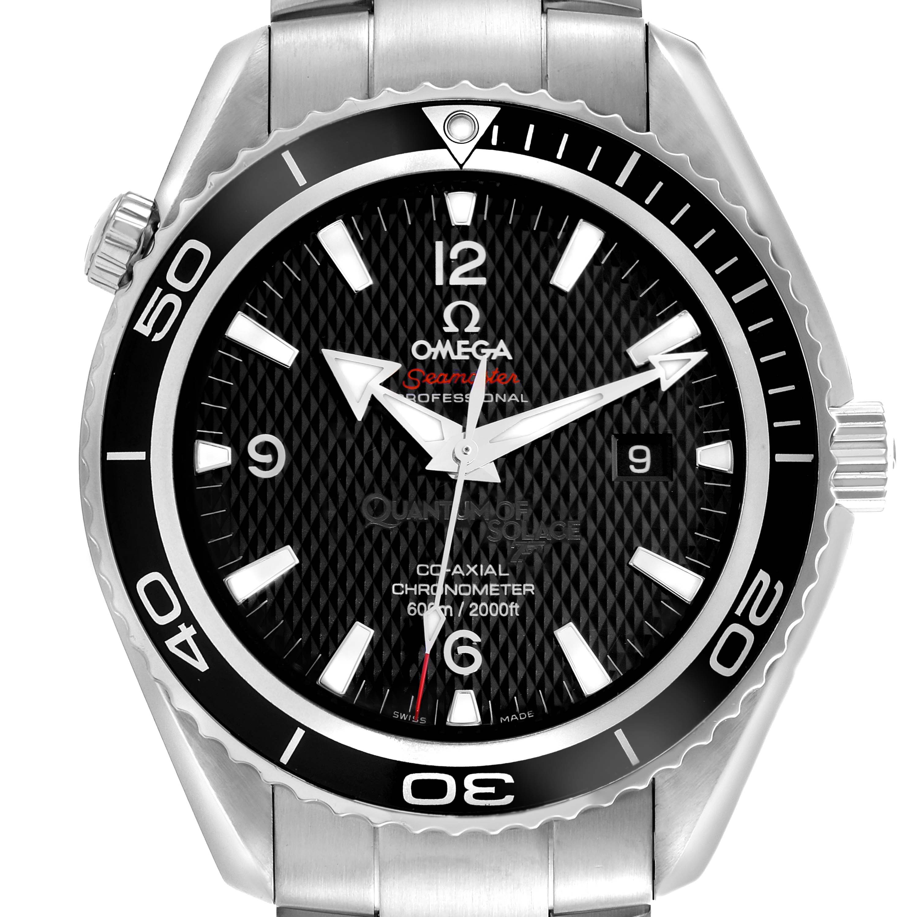 The image shows a front view of the Omega Planet Ocean 222.30.46.20.01.001 Men's Stainless Steel Black Dial 222.30.46.20.01.001 Men's Stainless Steel Black Dial watch, highlighting the bezel, dial, and bracelet.