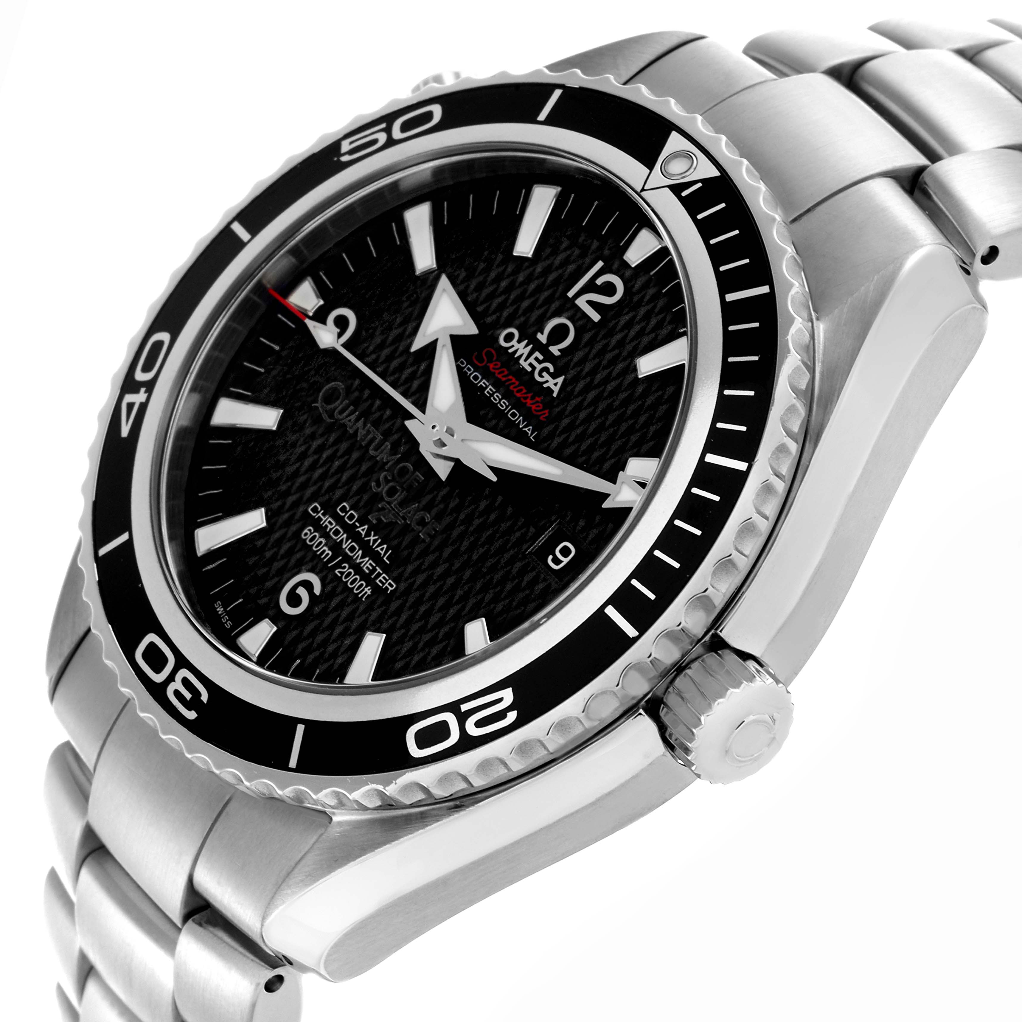 The Omega Planet Ocean 222.30.46.20.01.001 Men's Stainless Steel Black Dial 222.30.46.20.01.001 Men's Stainless Steel Black Dial watch is shown at an angle highlighting the dial, bezel, crown, and part of the bracelet.