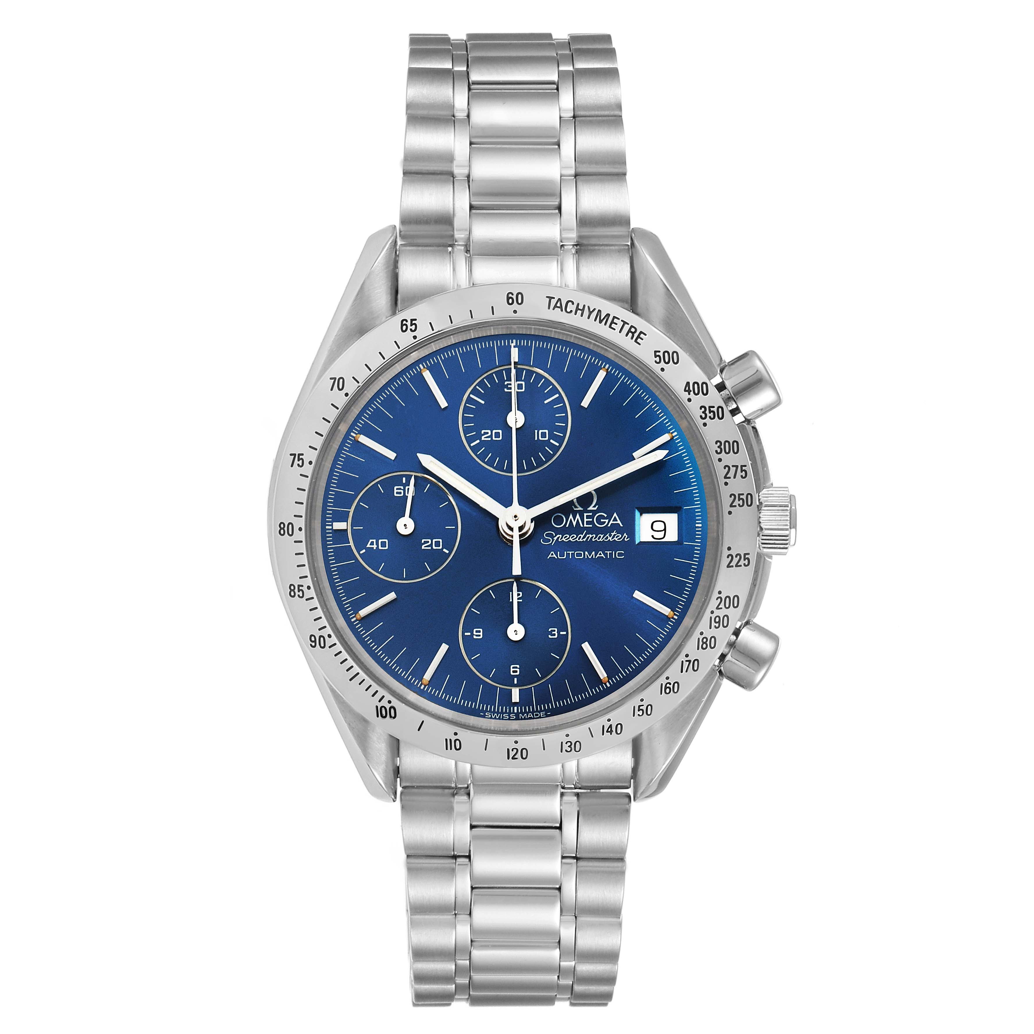 The image shows a front view of the Omega Speedmaster 3511.80.00 Men
s Stainless Steel Blue Dial 3511.80.00 Men
s Stainless Steel Blue Dial watch, showcasing its blue dial, chronograph, tachymeter, and metal bracelet.