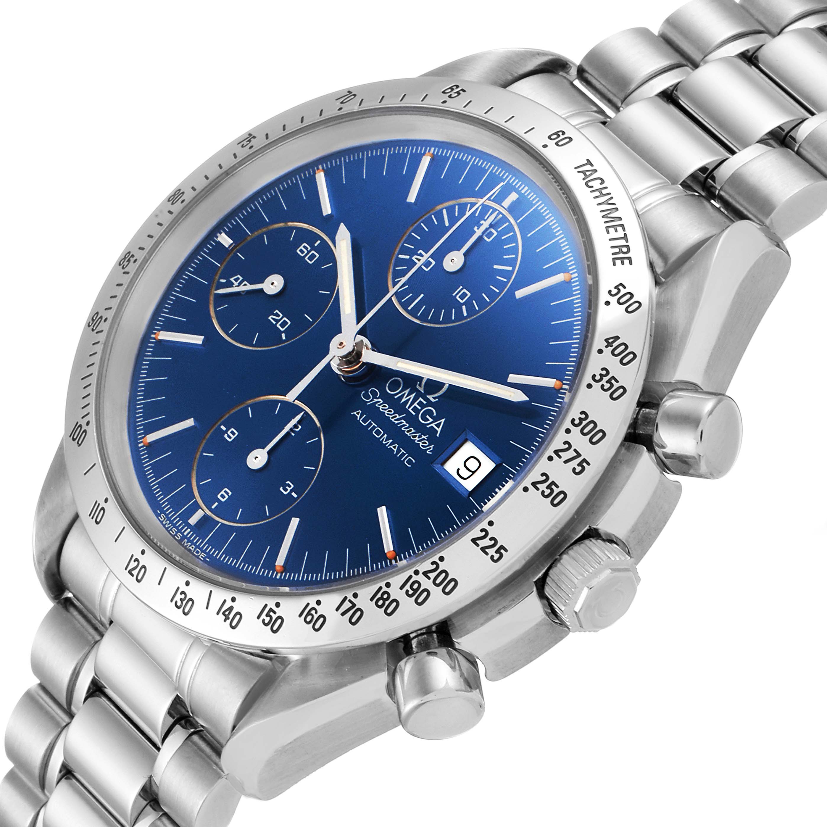 The Omega Speedmaster 3511.80.00 Men
s Stainless Steel Blue Dial 3511.80.00 Men
s Stainless Steel Blue Dial watch is shown at an oblique angle, highlighting the face, bezel, and stainless steel band.