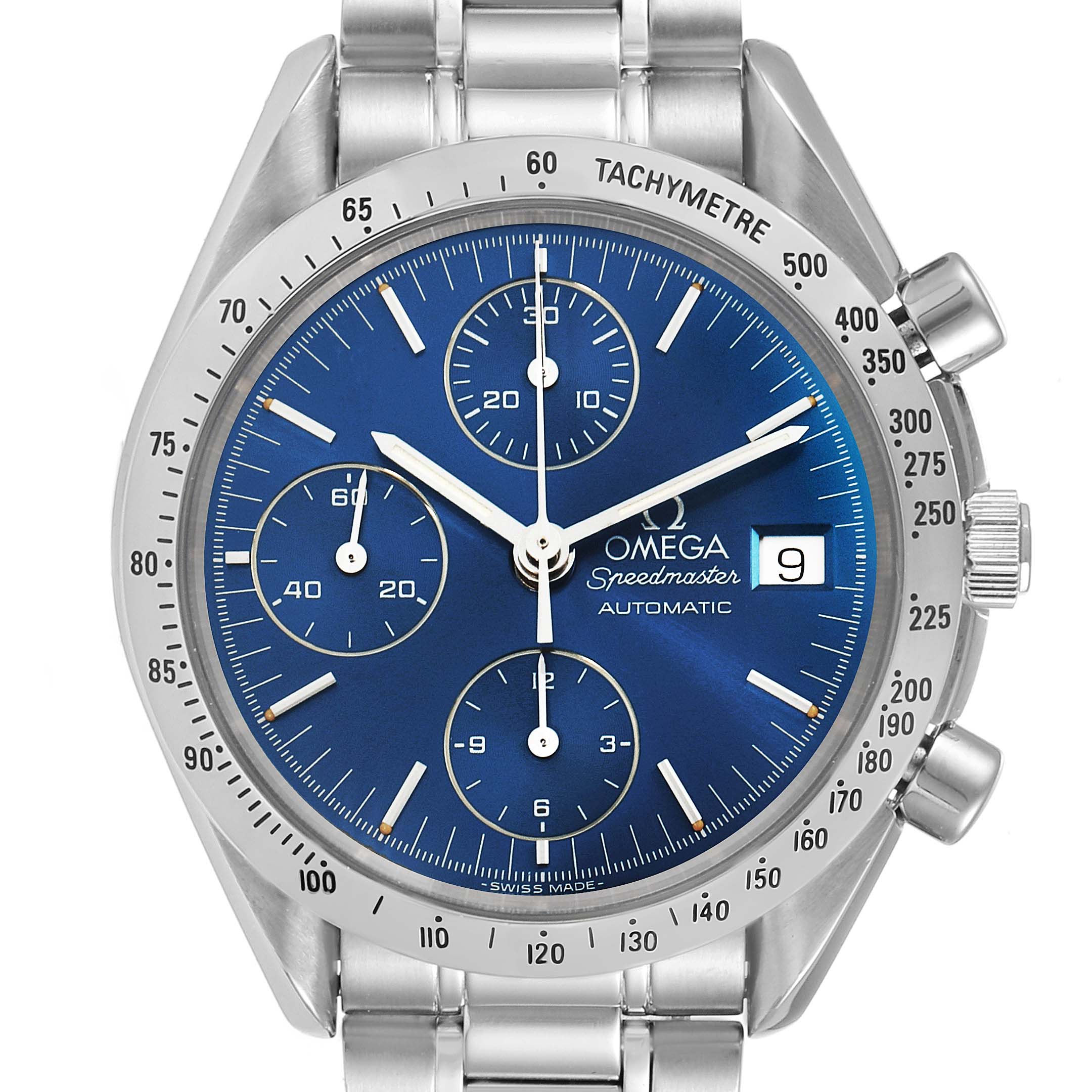 Front view of the Omega Speedmaster 3511.80.00 Men
s Stainless Steel Blue Dial 3511.80.00 Men
s Stainless Steel Blue Dial watch showing the dial, chronograph subdials, tachymeter bezel, and date window.