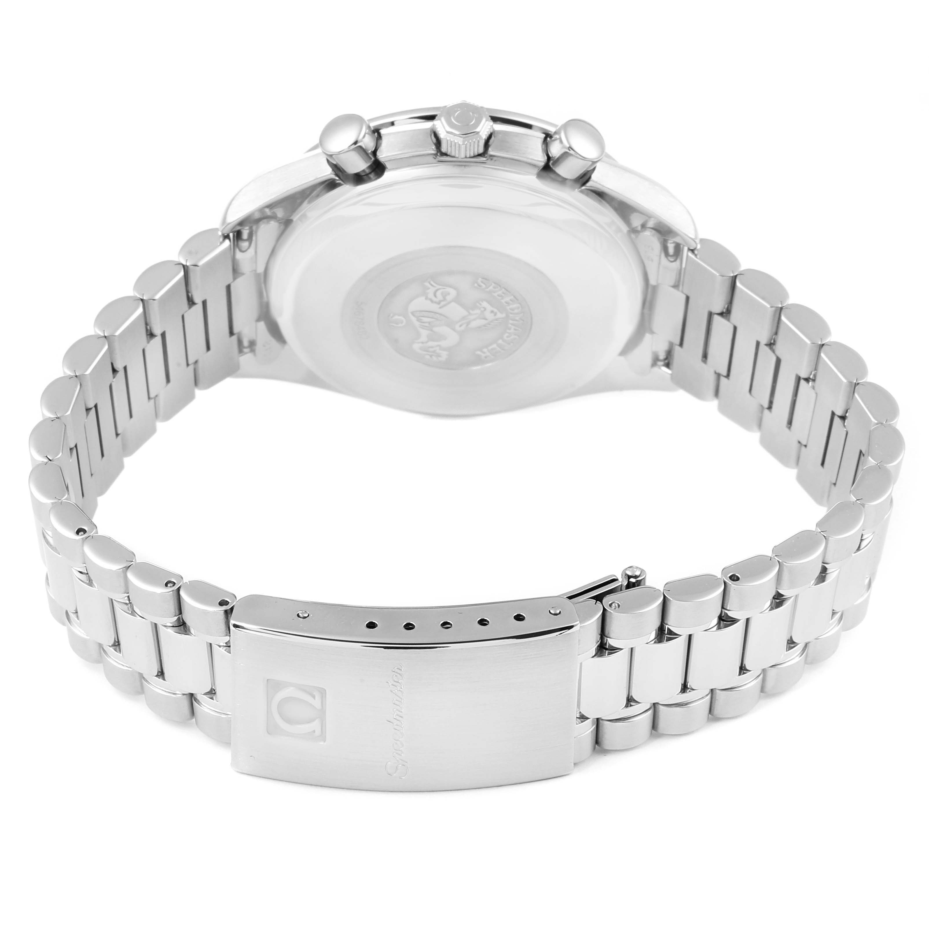 This image shows the rear view of the Omega Speedmaster 3511.80.00 Men
s Stainless Steel Blue Dial 3511.80.00 Men
s Stainless Steel Blue Dial watch, highlighting the bracelet, clasp, and case back.