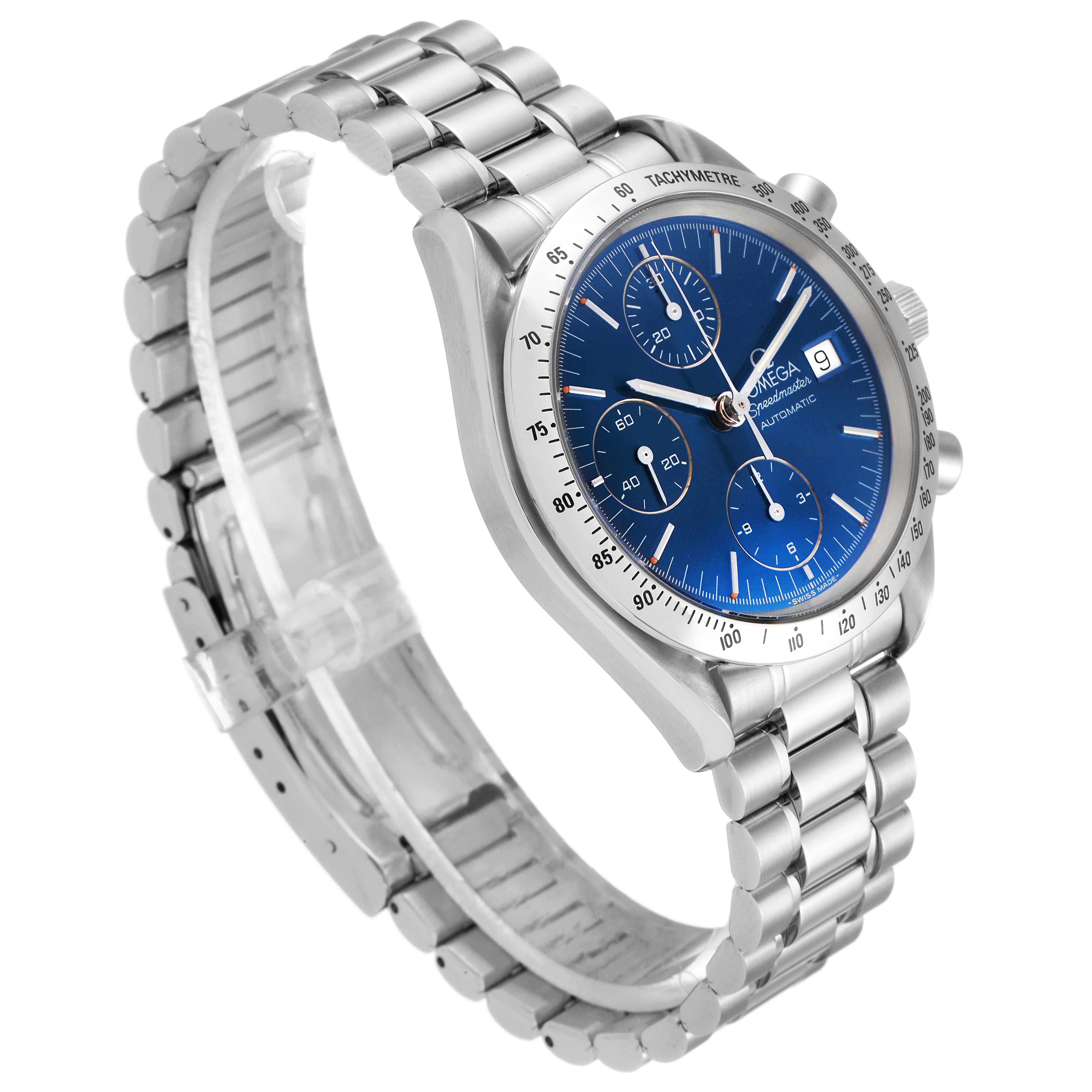 This Omega Speedmaster 3511.80.00 Men
s Stainless Steel Blue Dial 3511.80.00 Men
s Stainless Steel Blue Dial watch is shown at a slight angled side-view, highlighting its bracelet, bezel, and blue dial.