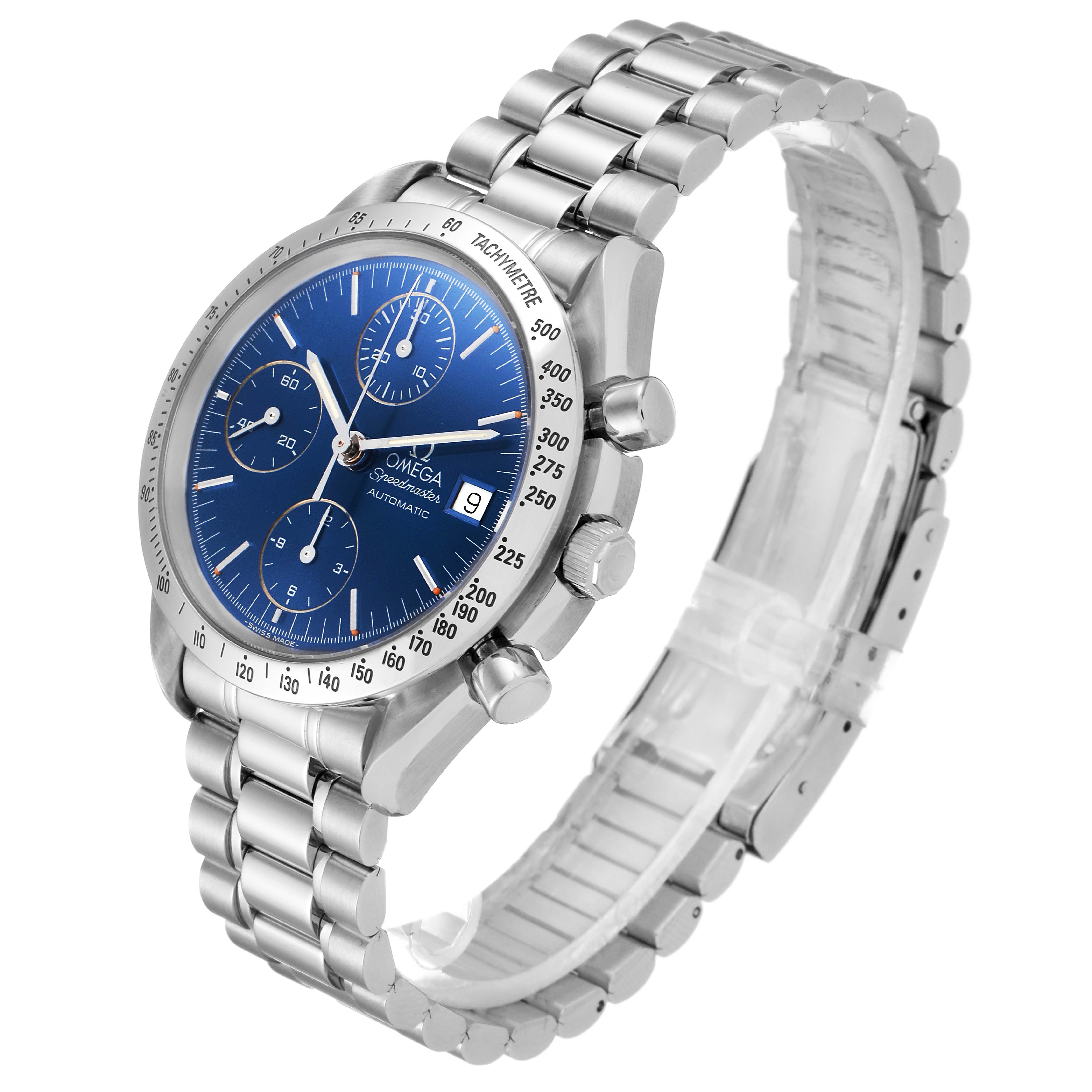 This image shows an angled view of the Omega Speedmaster 3511.80.00 Men
s Stainless Steel Blue Dial 3511.80.00 Men
s Stainless Steel Blue Dial watch featuring a blue dial and metallic strap.