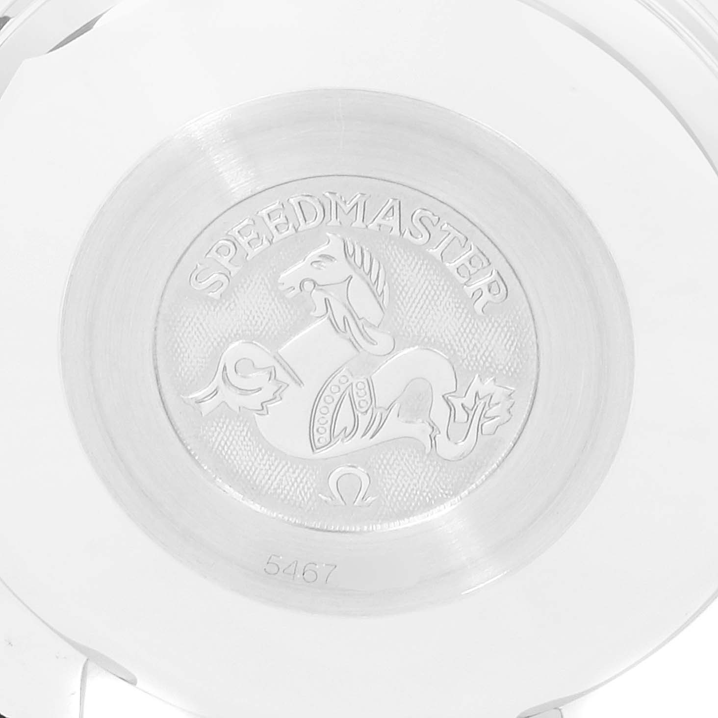 This image shows the case back of an Omega Speedmaster 3511.80.00 Men
s Stainless Steel Blue Dial 3511.80.00 Men
s Stainless Steel Blue Dial watch with its engraved logo and model name.