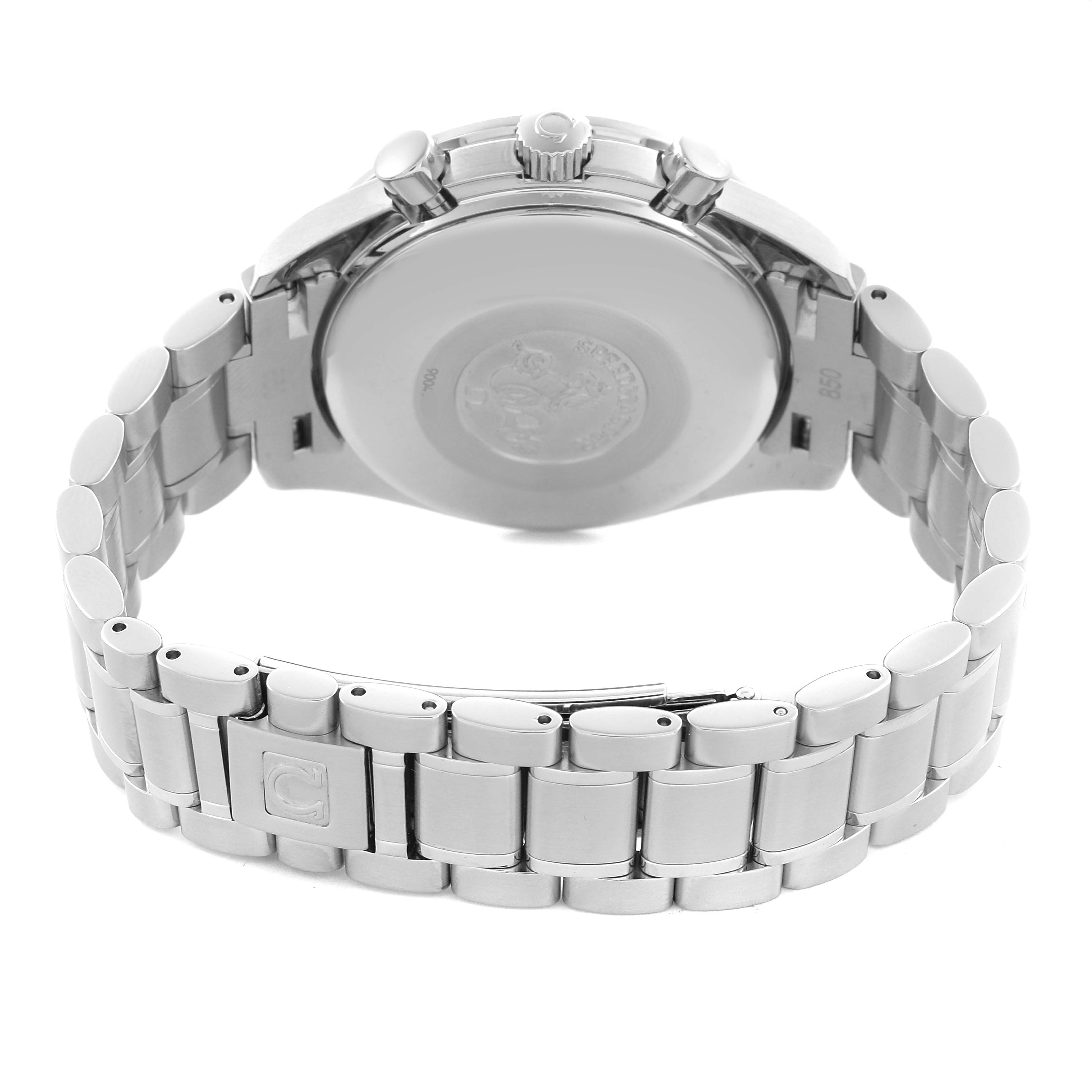 The image shows the back view of an Omega Speedmaster 3523.80.00 Men
s Stainless Steel Blue Dial 3523.80.00 Men
s Stainless Steel Blue Dial watch, highlighting the case back and metal bracelet.