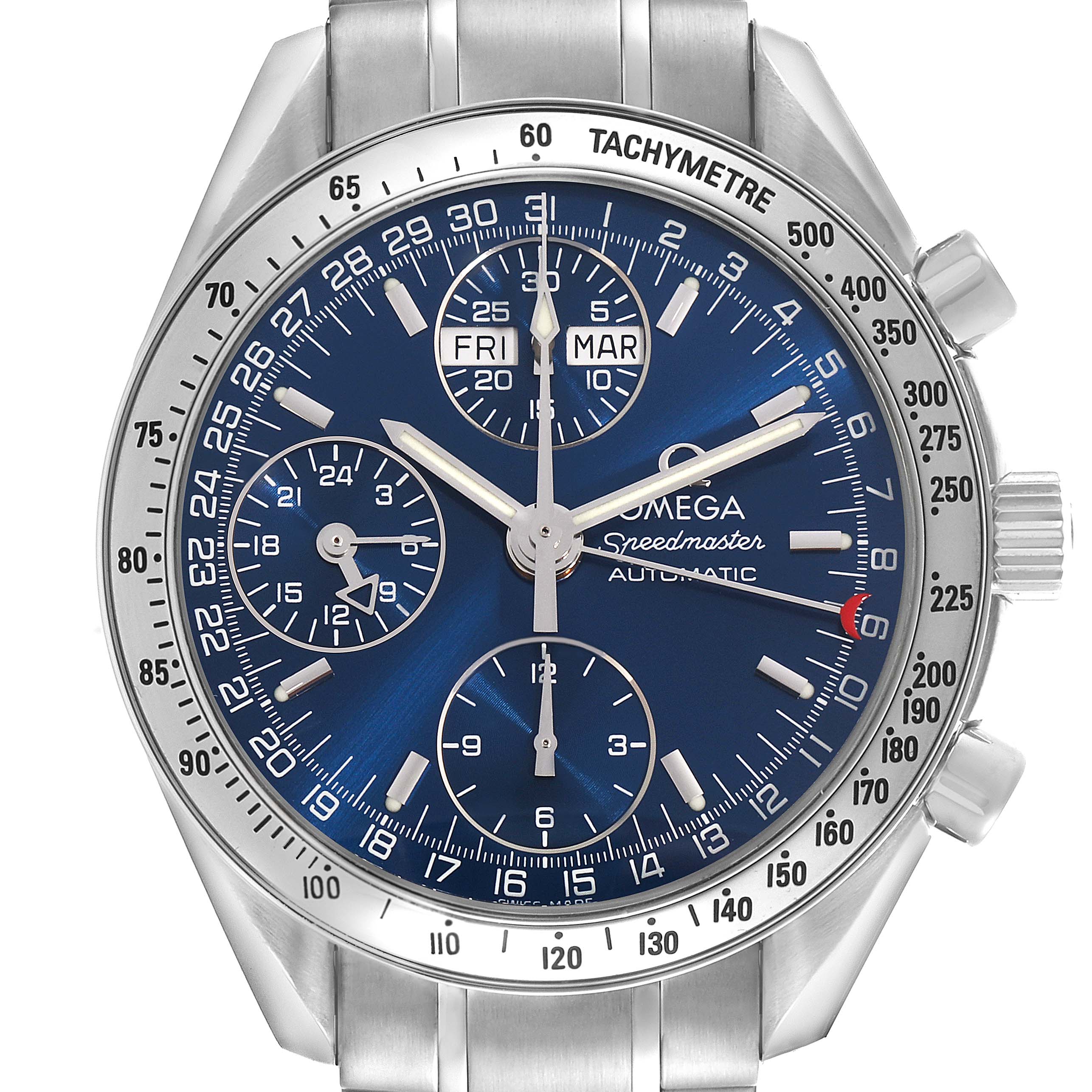 The Omega Speedmaster 3523.80.00 Men
s Stainless Steel Blue Dial 3523.80.00 Men
s Stainless Steel Blue Dial watch is shown from the front, highlighting the dial, chronograph subdials, and tachymeter bezel.