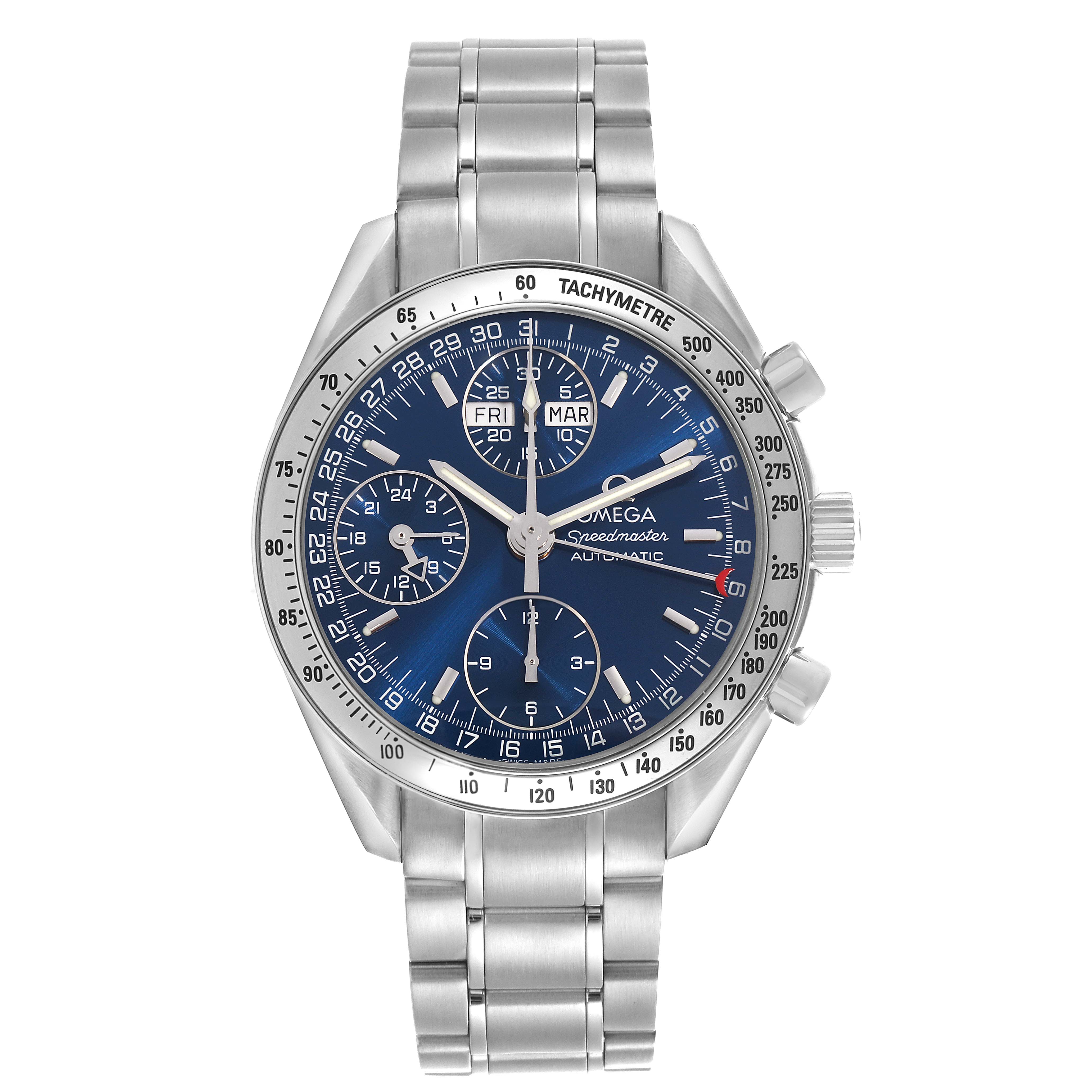 The Omega Speedmaster 3523.80.00 Men
s Stainless Steel Blue Dial 3523.80.00 Men
s Stainless Steel Blue Dial is shown from the front, displaying its blue dial, tachymeter bezel, subdials, and stainless steel bracelet.