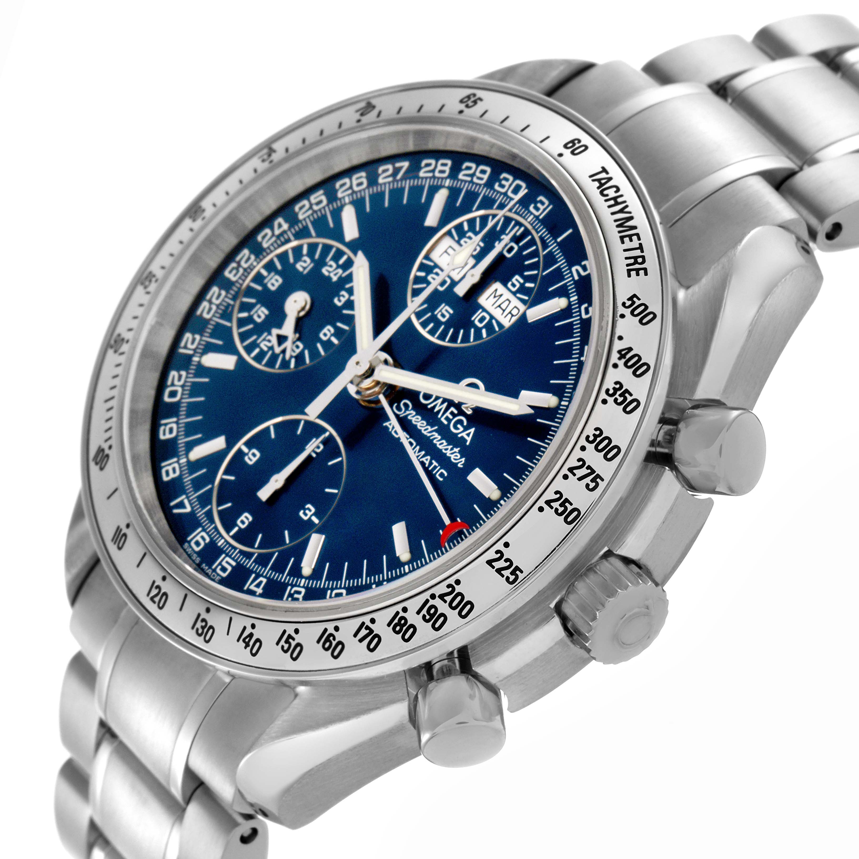 The Omega Speedmaster 3523.80.00 Men
s Stainless Steel Blue Dial 3523.80.00 Men
s Stainless Steel Blue Dial watch is shown at an angle highlighting the face, crown, pushers, and stainless steel bracelet.