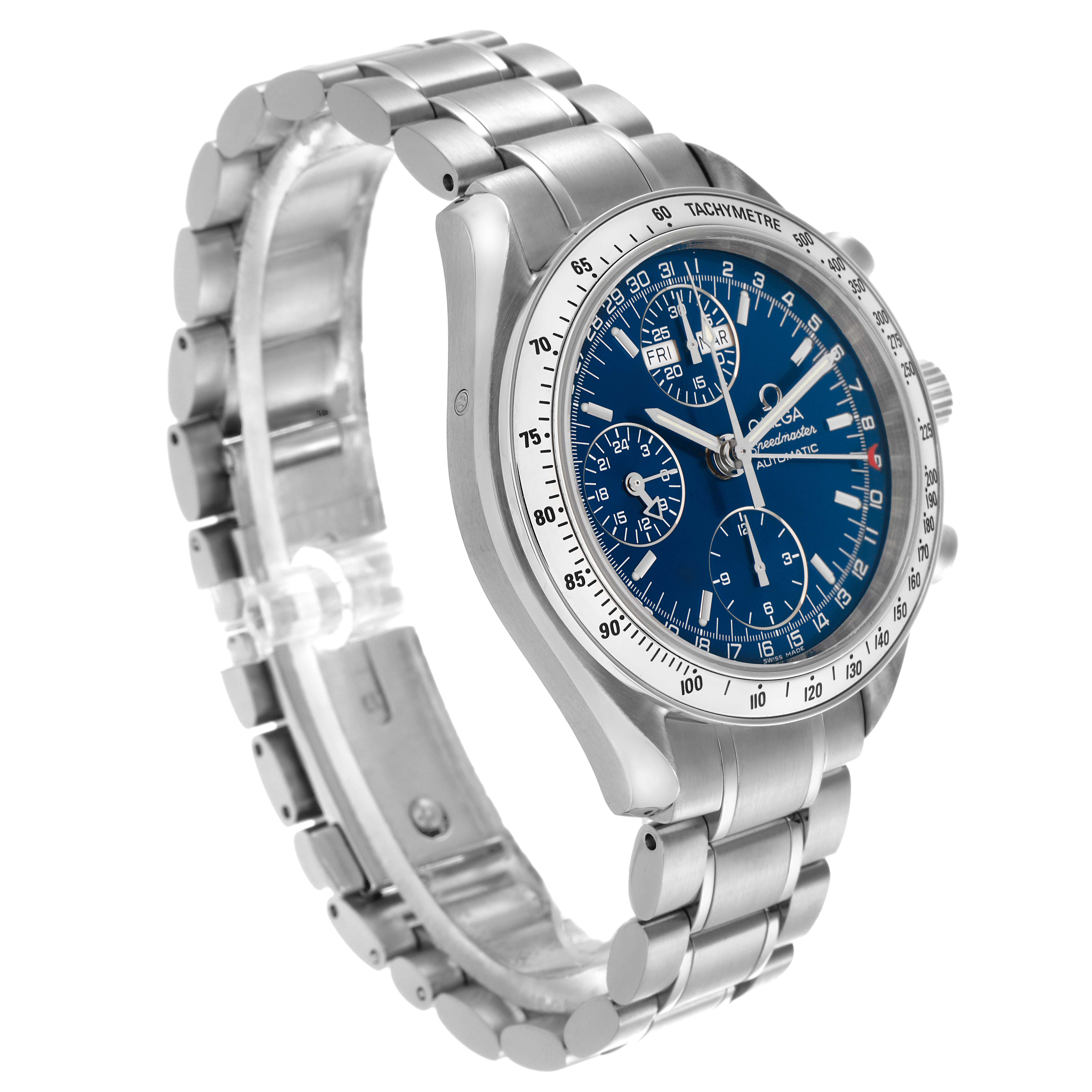 The Omega Speedmaster 3523.80.00 Men
s Stainless Steel Blue Dial 3523.80.00 Men
s Stainless Steel Blue Dial watch is shown at an angled side view, displaying the bracelet, bezel, and blue dial.