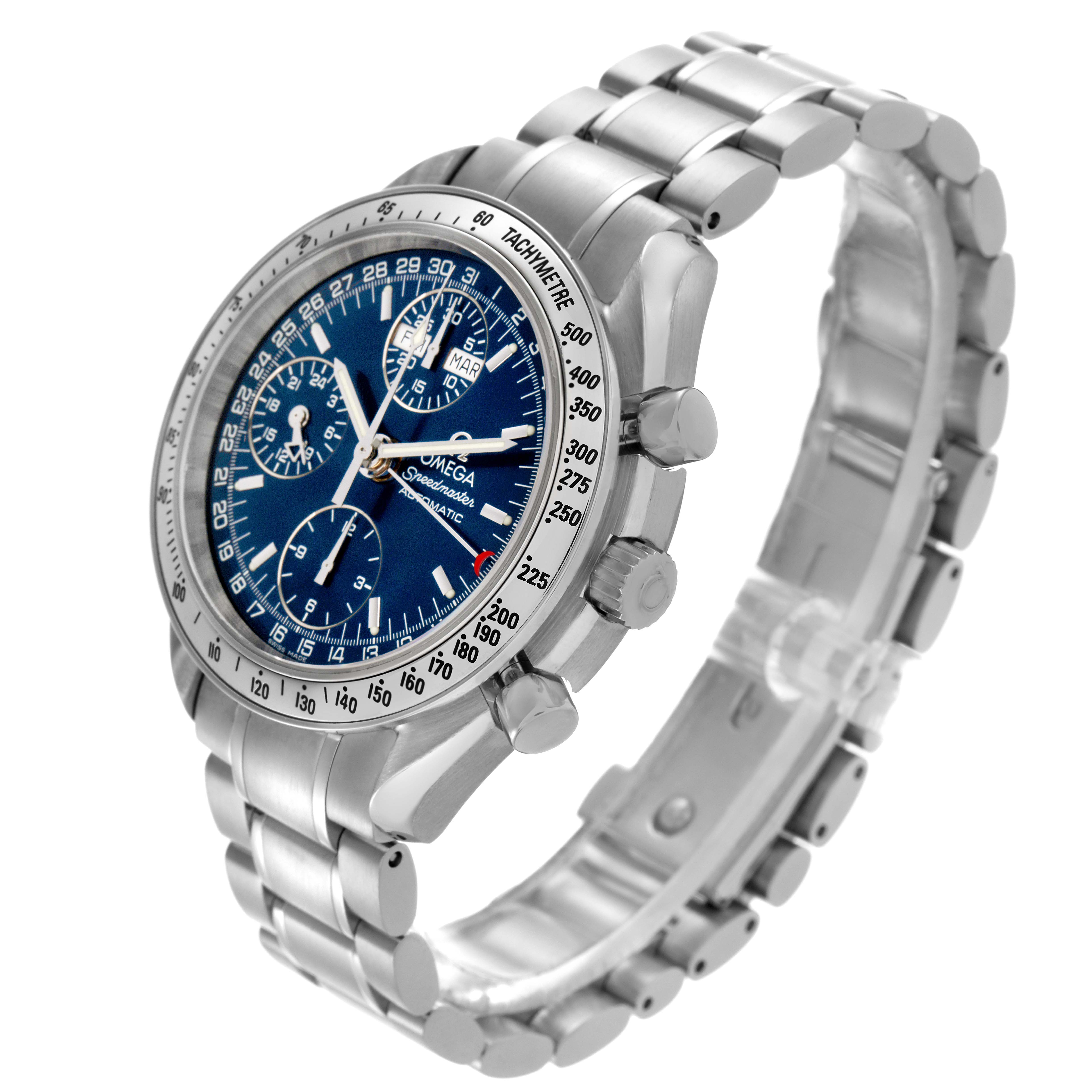 The image shows an Omega Speedmaster 3523.80.00 Men
s Stainless Steel Blue Dial 3523.80.00 Men
s Stainless Steel Blue Dial watch from a three-quarter angle, highlighting the face, bezel, and metal bracelet.