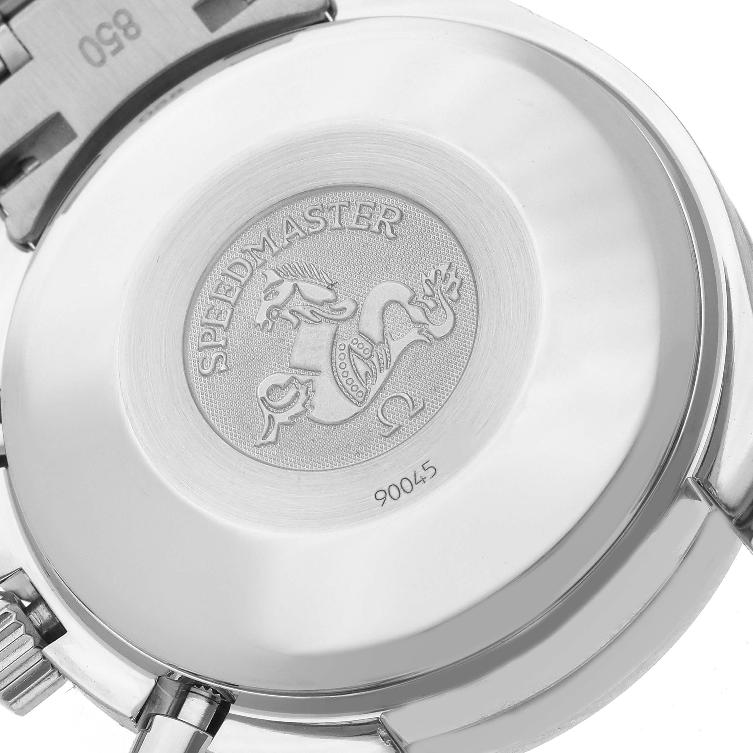 The image shows the back case of an Omega Speedmaster 3523.80.00 Men
s Stainless Steel Blue Dial 3523.80.00 Men
s Stainless Steel Blue Dial, featuring the emblem and model engraving.