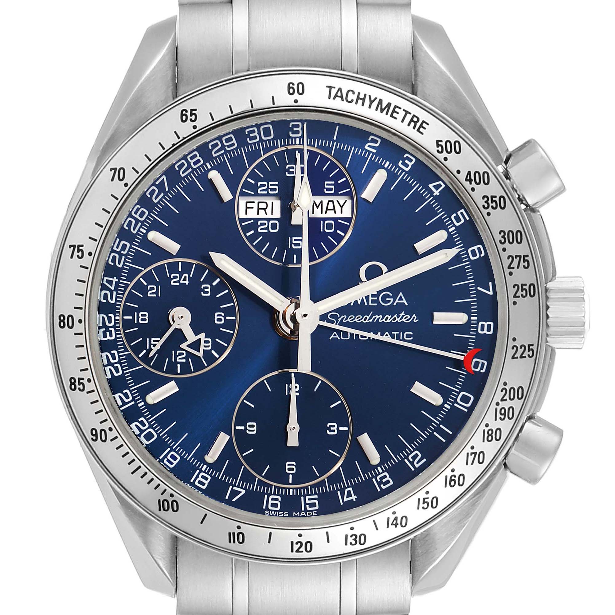 The image shows a front view of an Omega Speedmaster 3523.80.00 Men
s Stainless Steel Blue Dial 3523.80.00 Men
s Stainless Steel Blue Dial watch, highlighting the bezel, face, dials, and stainless steel bracelet.