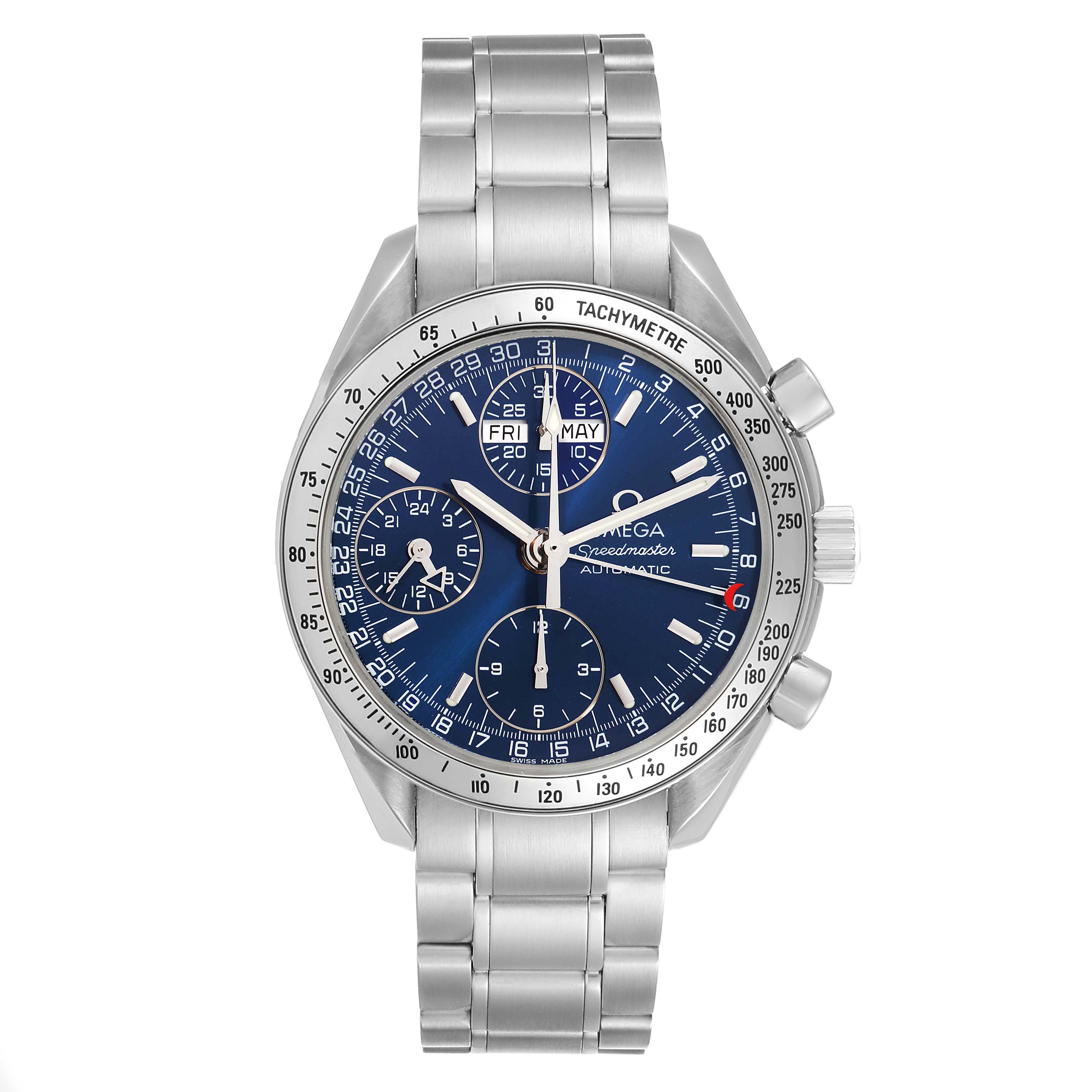 The Omega Speedmaster 3523.80.00 Men
s Stainless Steel Blue Dial 3523.80.00 Men
s Stainless Steel Blue Dial watch is shown from the front, displaying the face, dial, hands, chronograph sub-dials, and metal bracelet.