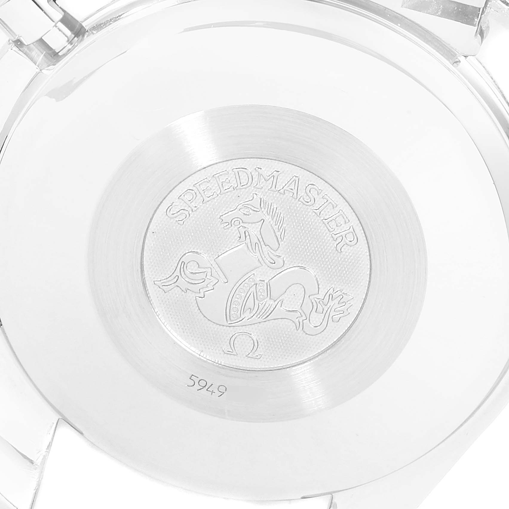 The image shows the case back of an Omega Speedmaster 3523.80.00 Men
s Stainless Steel Blue Dial 3523.80.00 Men
s Stainless Steel Blue Dial watch, featuring the model name and emblem.