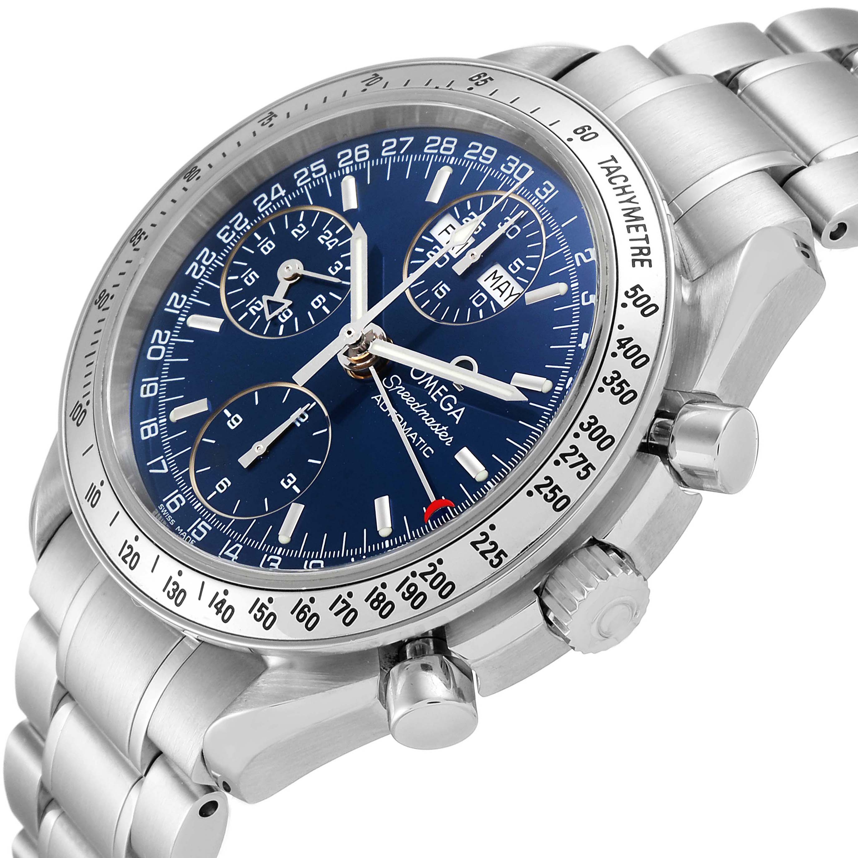 The Omega Speedmaster 3523.80.00 Men
s Stainless Steel Blue Dial 3523.80.00 Men
s Stainless Steel Blue Dial watch is shown at a slight angle, displaying the dial, crown, pushers, and part of the bracelet.