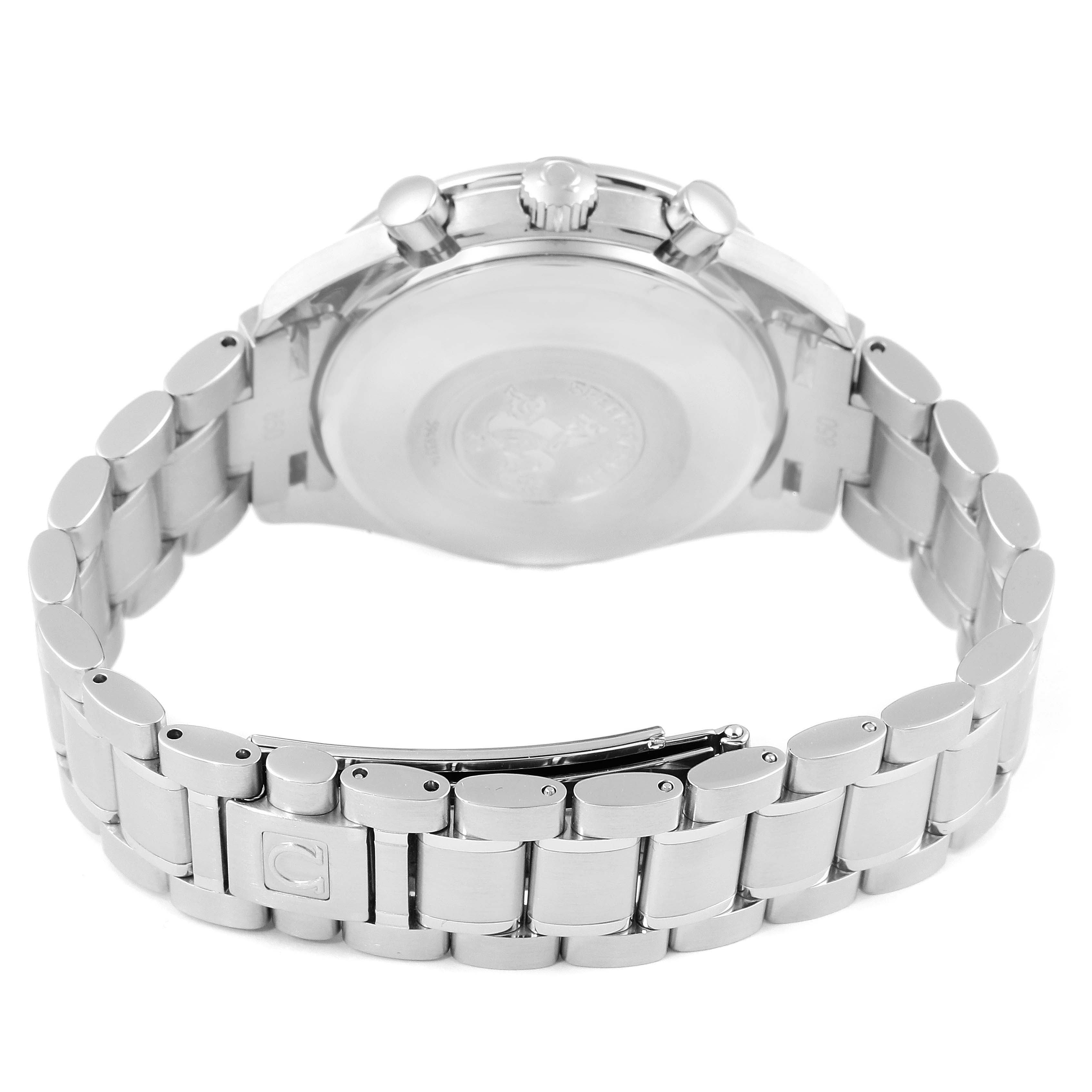 The image shows the back case and bracelet of the Omega Speedmaster 3523.80.00 Men
s Stainless Steel Blue Dial 3523.80.00 Men
s Stainless Steel Blue Dial watch from a rear angle.