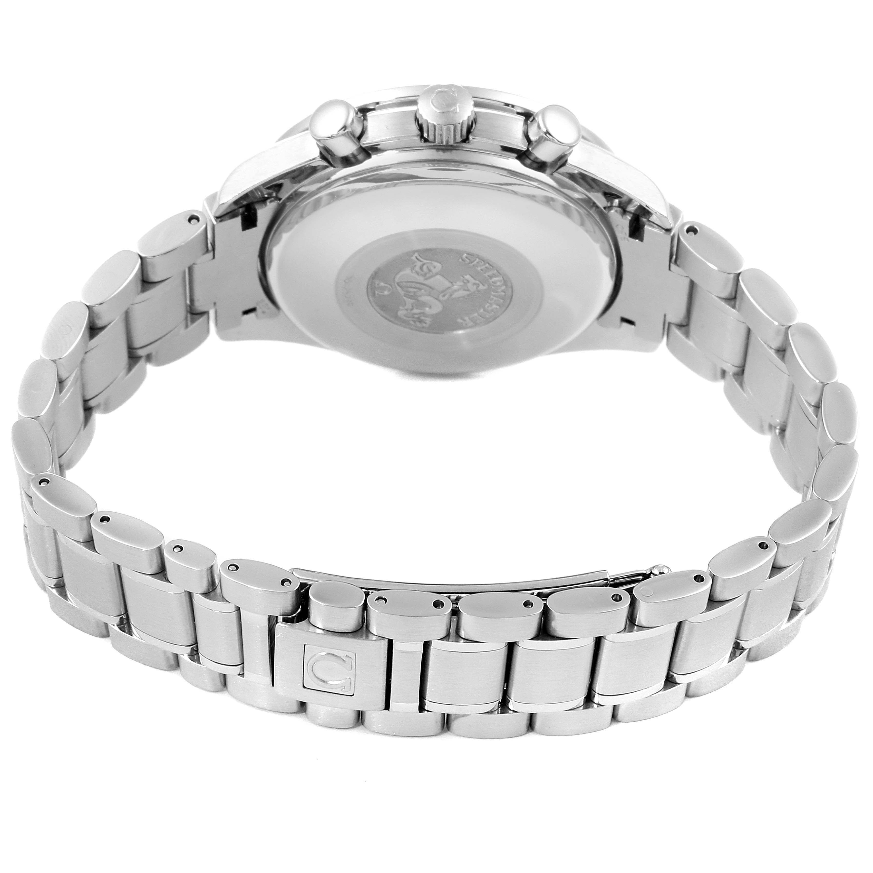 The image shows the back case and metal bracelet of an Omega Speedmaster 3523.30.00 Men
s Stainless Steel Silver Dial 3523.30.00 Men
s Stainless Steel Silver Dial watch from a rear angle.