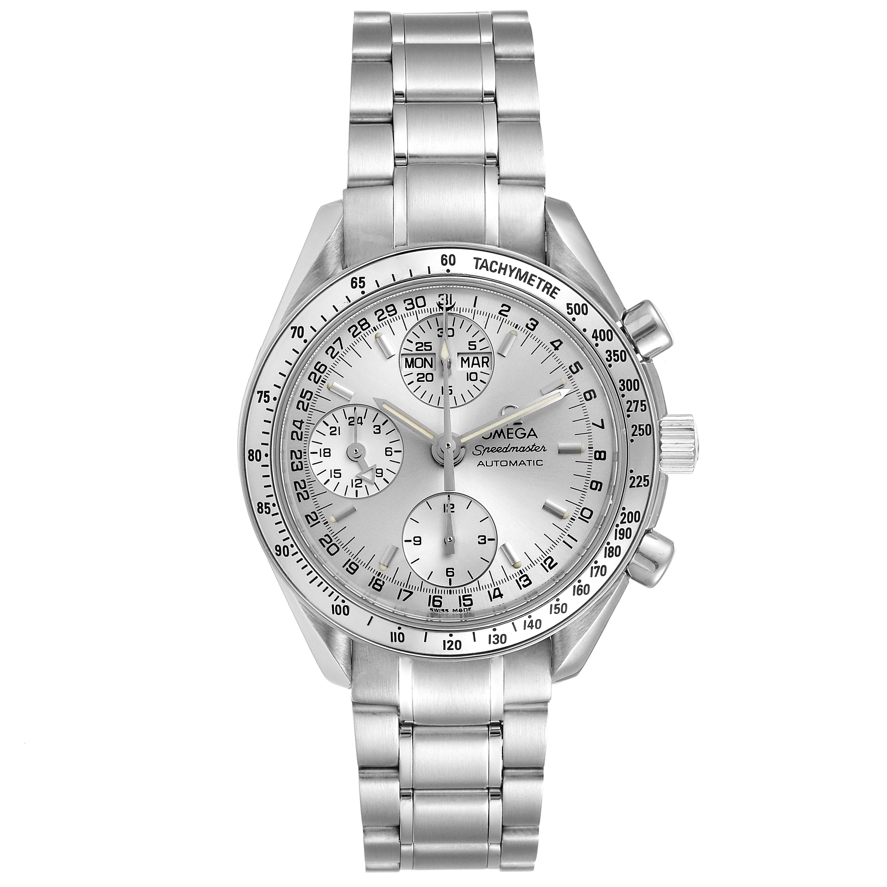 The image shows an Omega Speedmaster 3523.30.00 Men
s Stainless Steel Silver Dial 3523.30.00 Men
s Stainless Steel Silver Dial watch from a frontal angle, highlighting its face and metal bracelet.