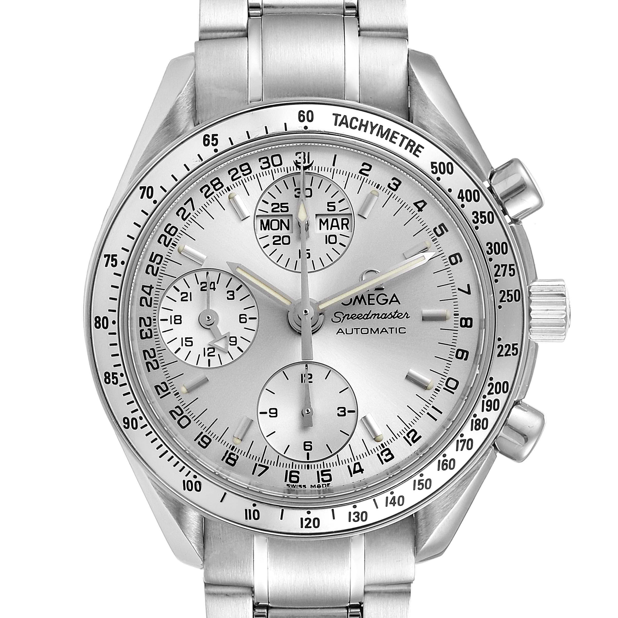 The Omega Speedmaster 3523.30.00 Men
s Stainless Steel Silver Dial 3523.30.00 Men
s Stainless Steel Silver Dial watch is shown from the front, displaying the dial, subdials, date indicators, and part of the bracelet.