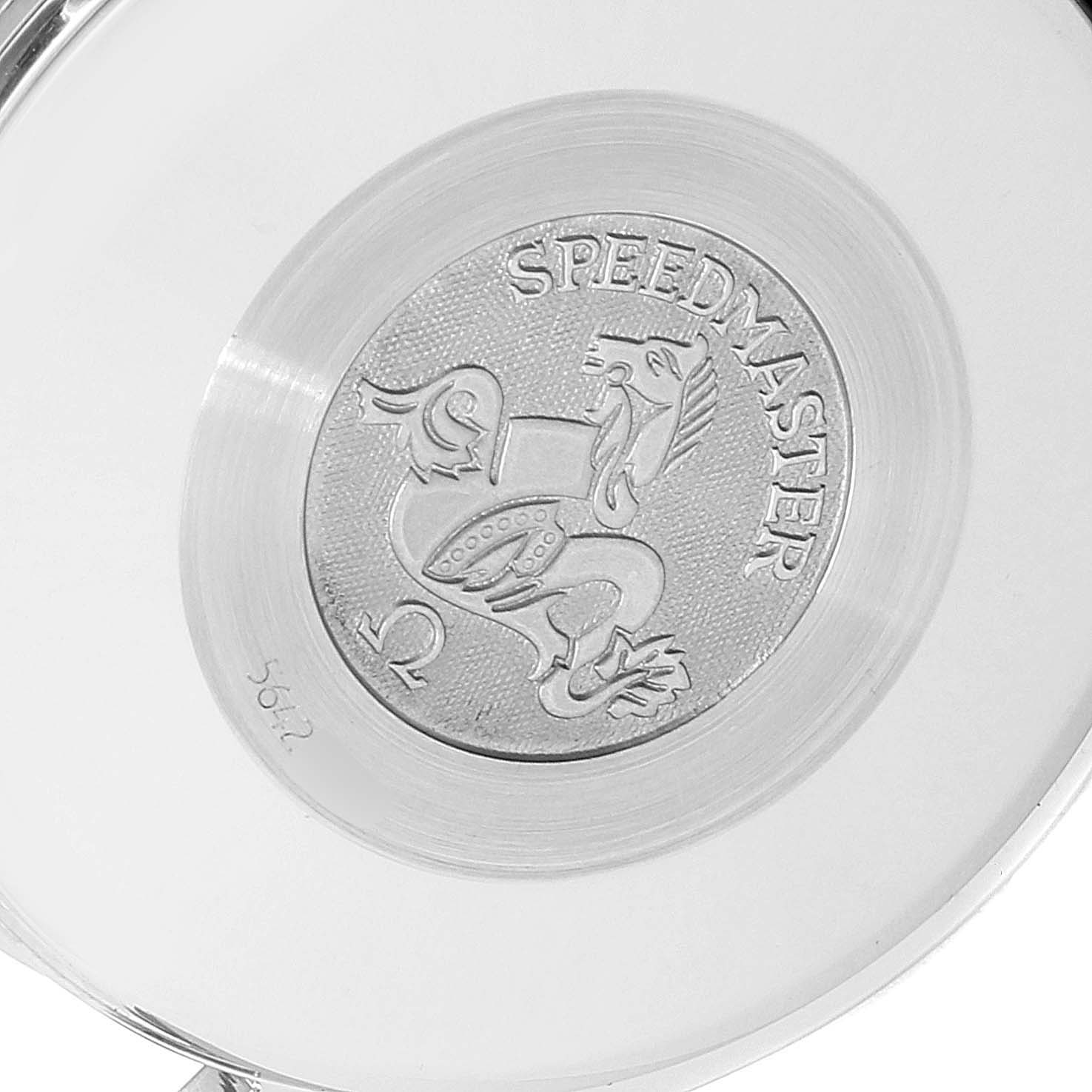 The image shows the back case of an Omega Speedmaster 3523.30.00 Men
s Stainless Steel Silver Dial 3523.30.00 Men
s Stainless Steel Silver Dial watch, featuring an engraved emblem and the model name.