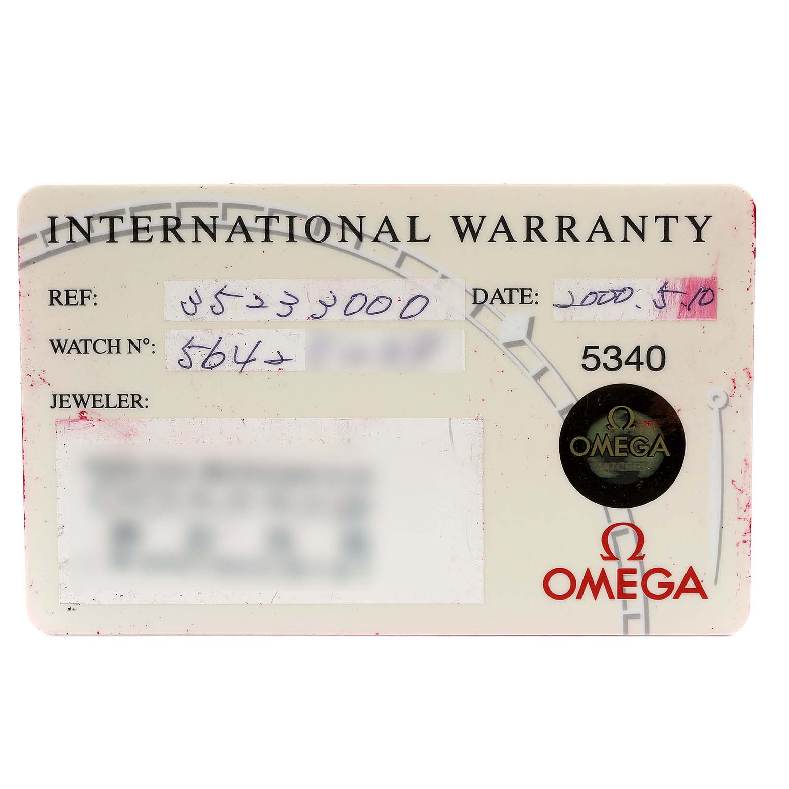 This image shows the front side of an Omega Speedmaster 3523.30.00 Men
s Stainless Steel Silver Dial 3523.30.00 Men
s Stainless Steel Silver Dial international warranty card.