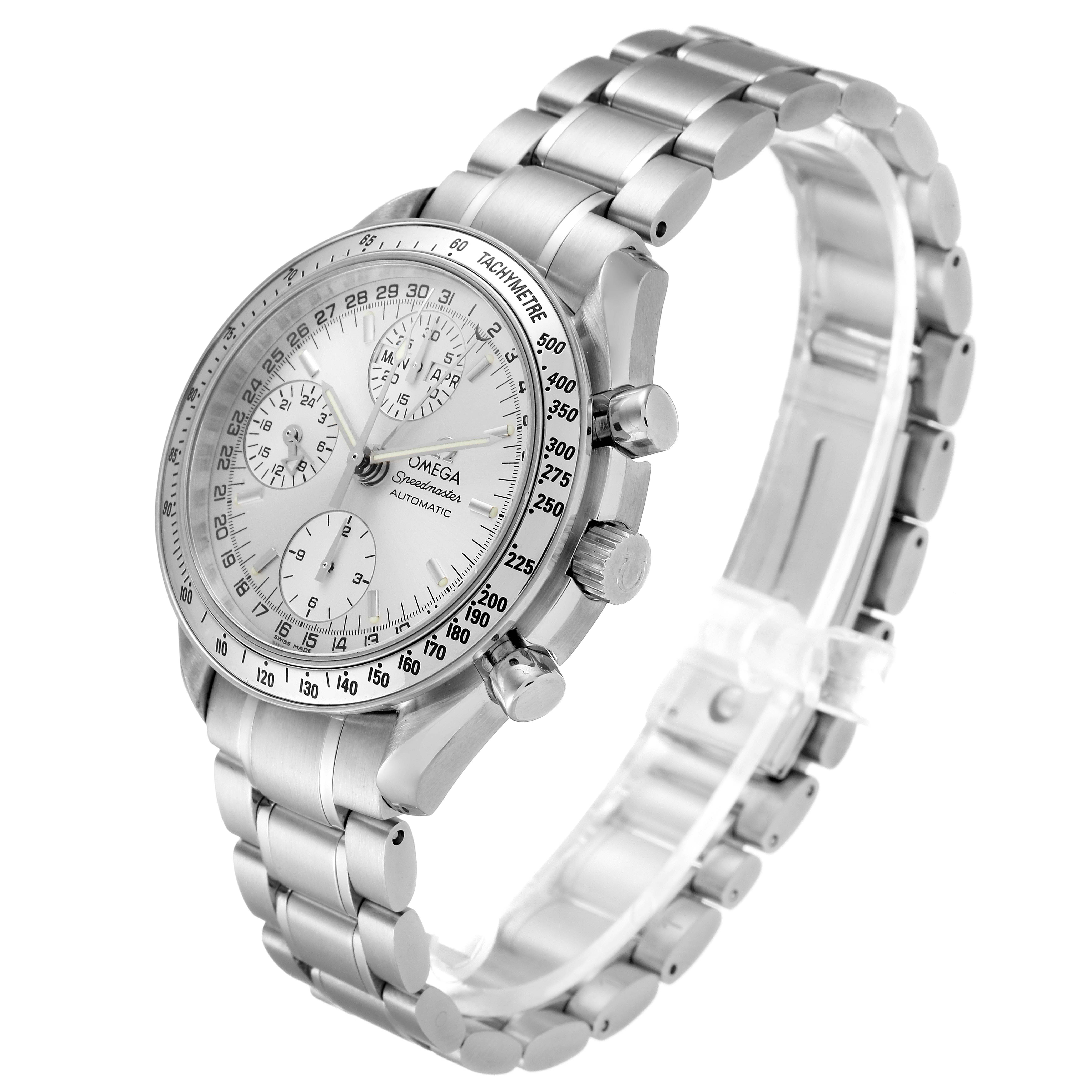 The image shows an Omega Speedmaster 3523.30.00 Men
s Stainless Steel Silver Dial 3523.30.00 Men
s Stainless Steel Silver Dial watch from a three-quarter angle, highlighting the dial, chronograph buttons, and stainless steel bracelet.