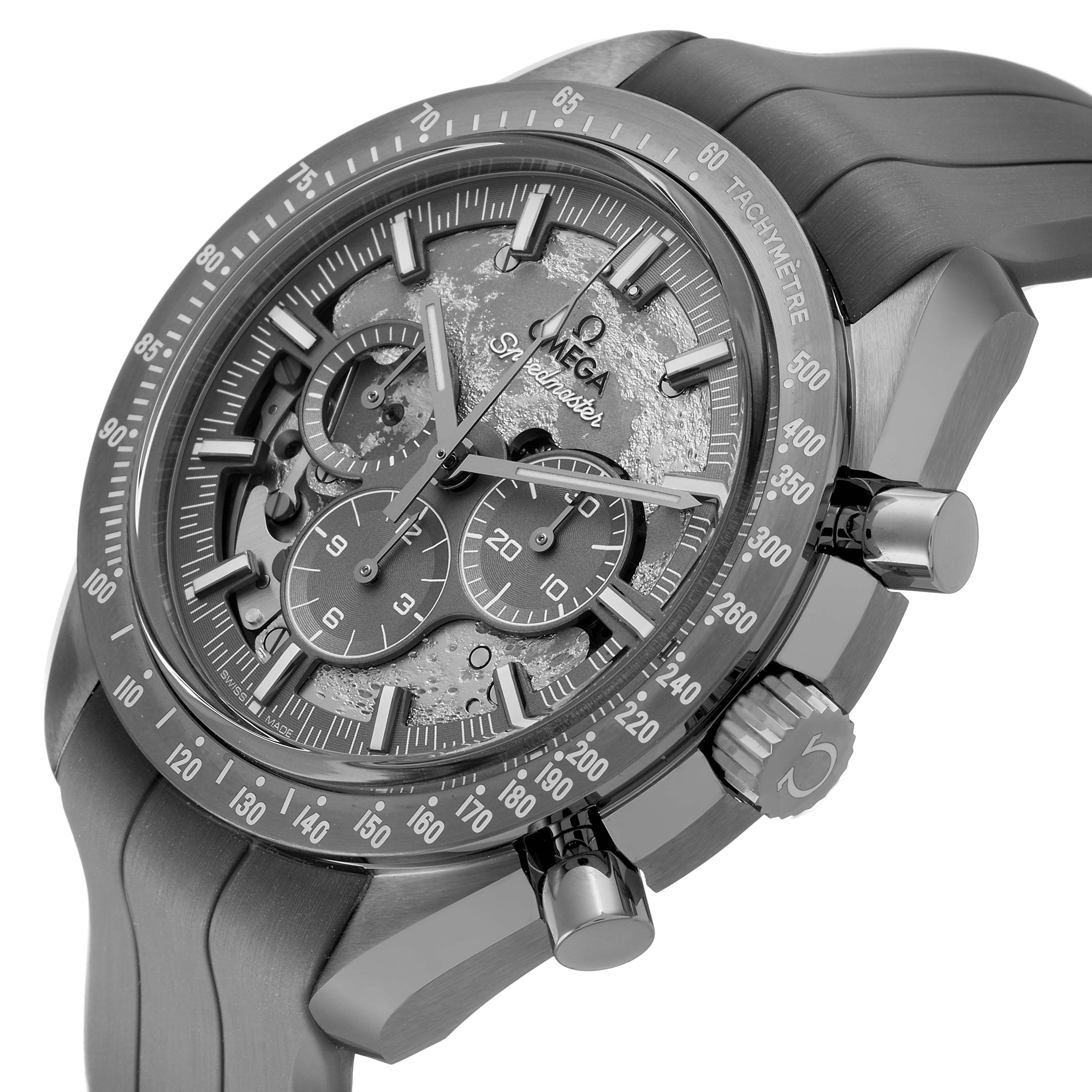 The image shows an angled view of the Omega Speedmaster 310.92.44.50.06.002 Men's Ceramic Grey Dial, highlighting the dial, bezel, crown, and pushers.