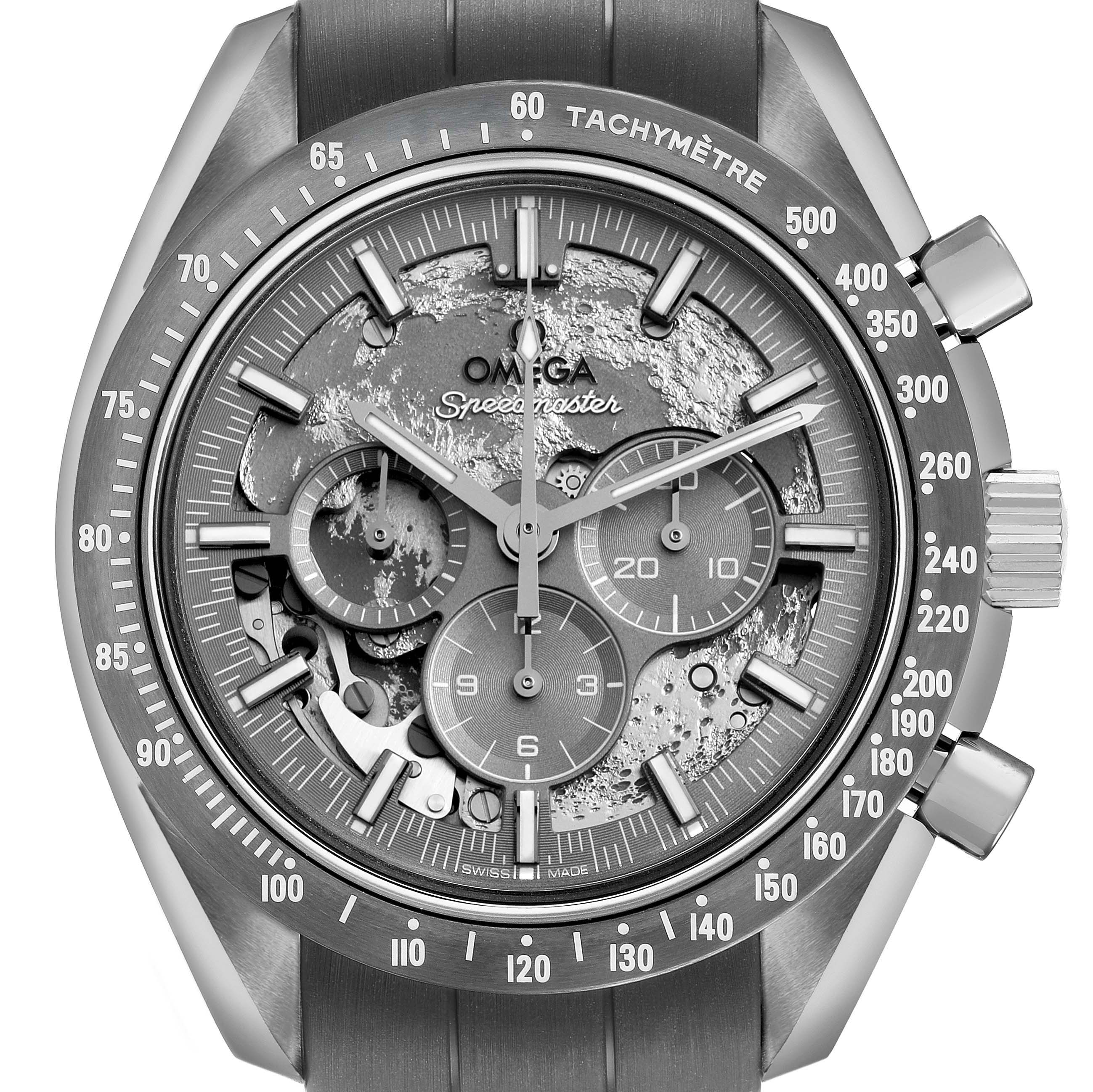 The Omega Speedmaster 310.92.44.50.06.002 Men's Ceramic Grey Dial watch is shown front-on, highlighting the dial, sub-dials, and tachymeter bezel.