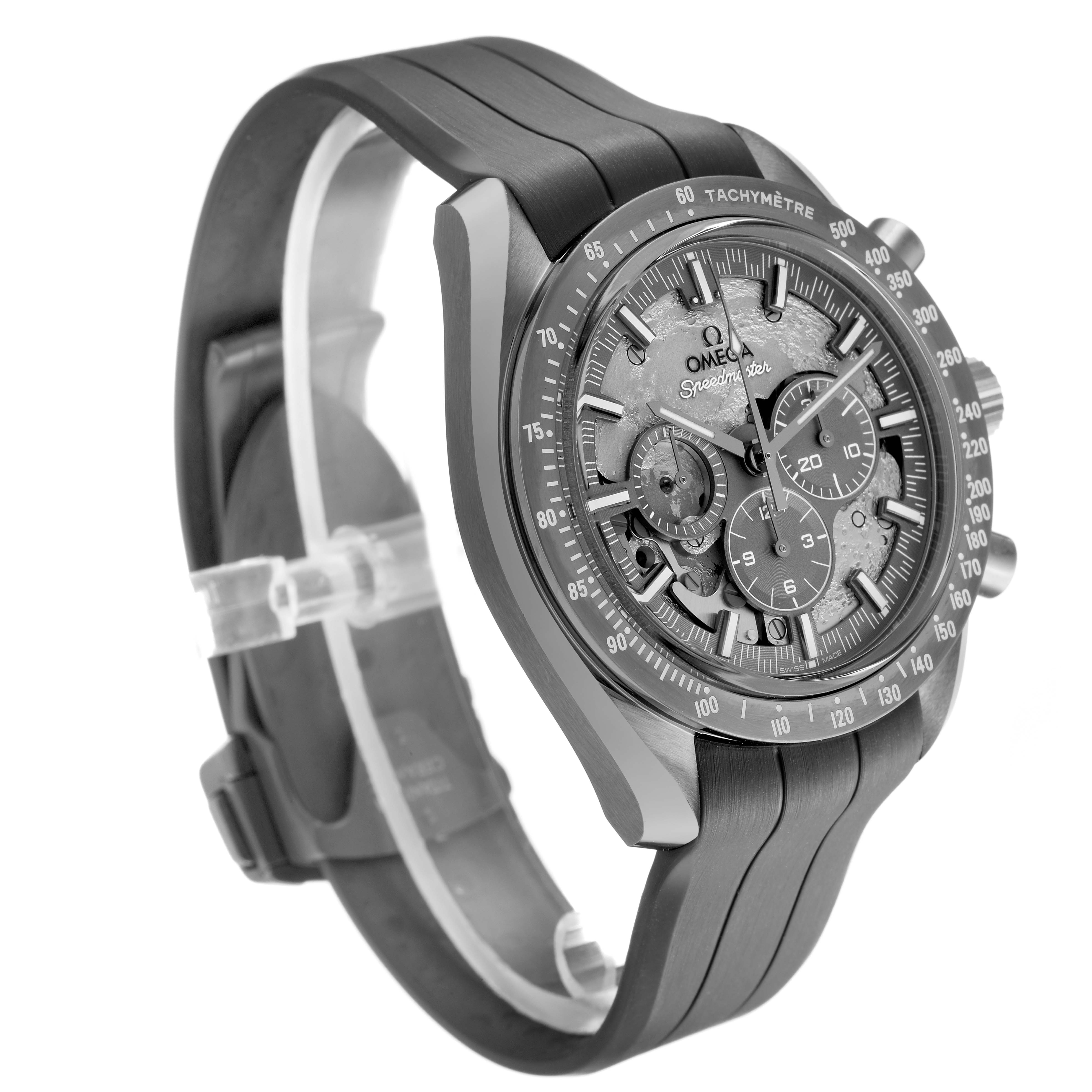 The Omega Speedmaster 310.92.44.50.06.002 Men's Ceramic Grey Dial watch is shown at a three-quarter angle, highlighting its detailed face, tachymeter bezel, and black strap.