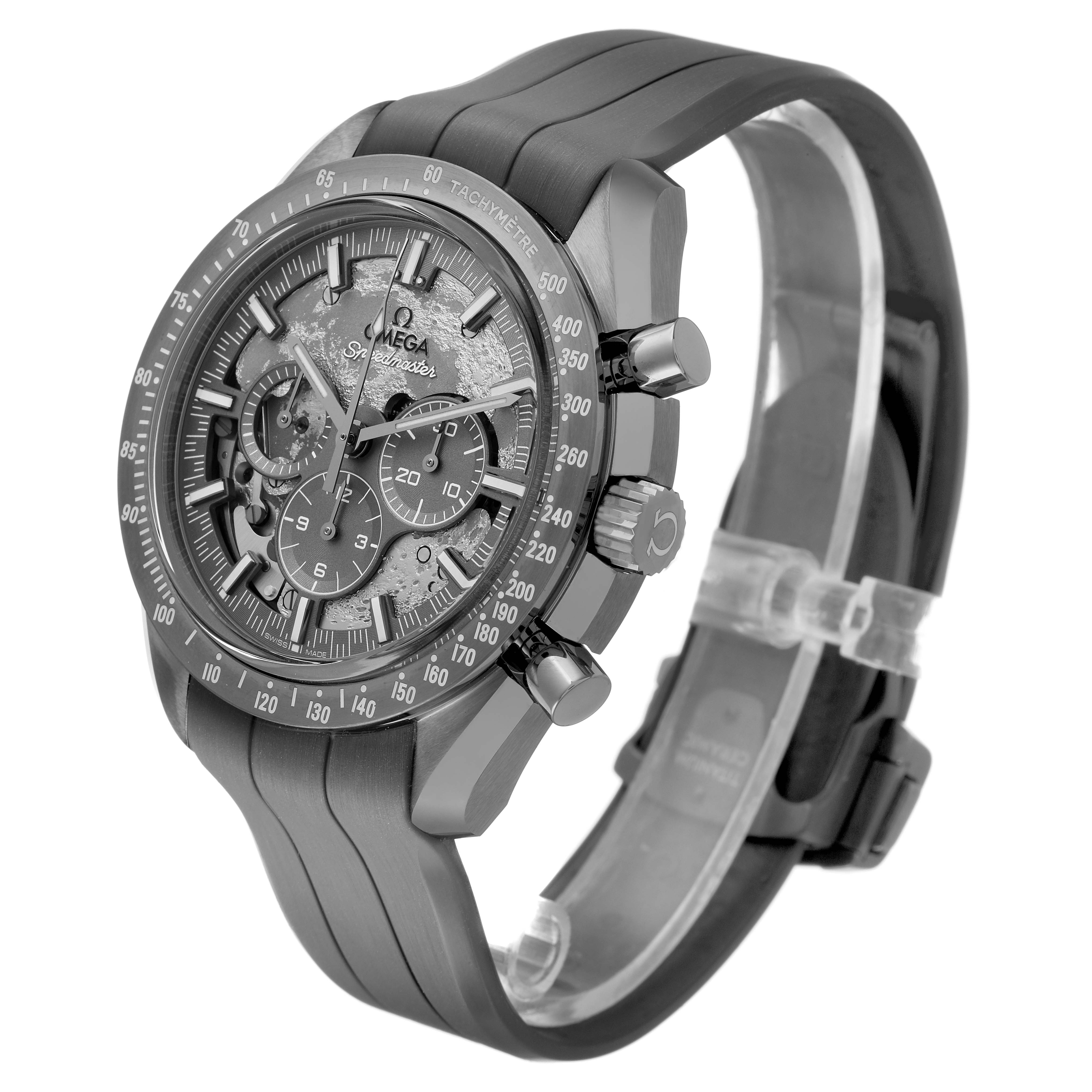 The Omega Speedmaster 310.92.44.50.06.002 Men's Ceramic Grey Dial watch is shown at a tilted angle, highlighting the face, dials, crown, and pushers, with a partial view of the band.