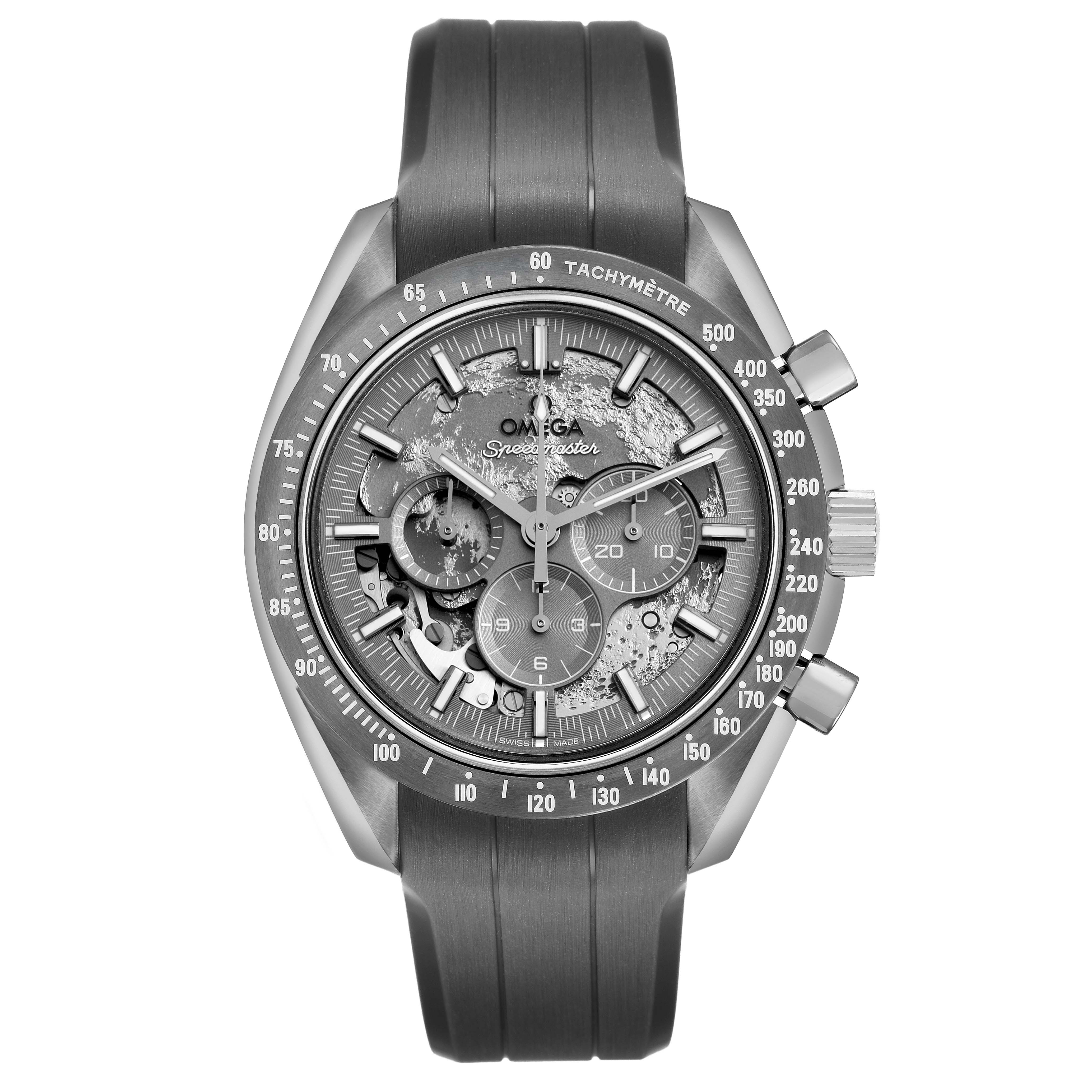 The Omega Speedmaster 310.92.44.50.06.002 Men's Ceramic Grey Dial watch is shown from a top-down angle, displaying its tachymetric bezel, chronograph subdials, and rubber strap.