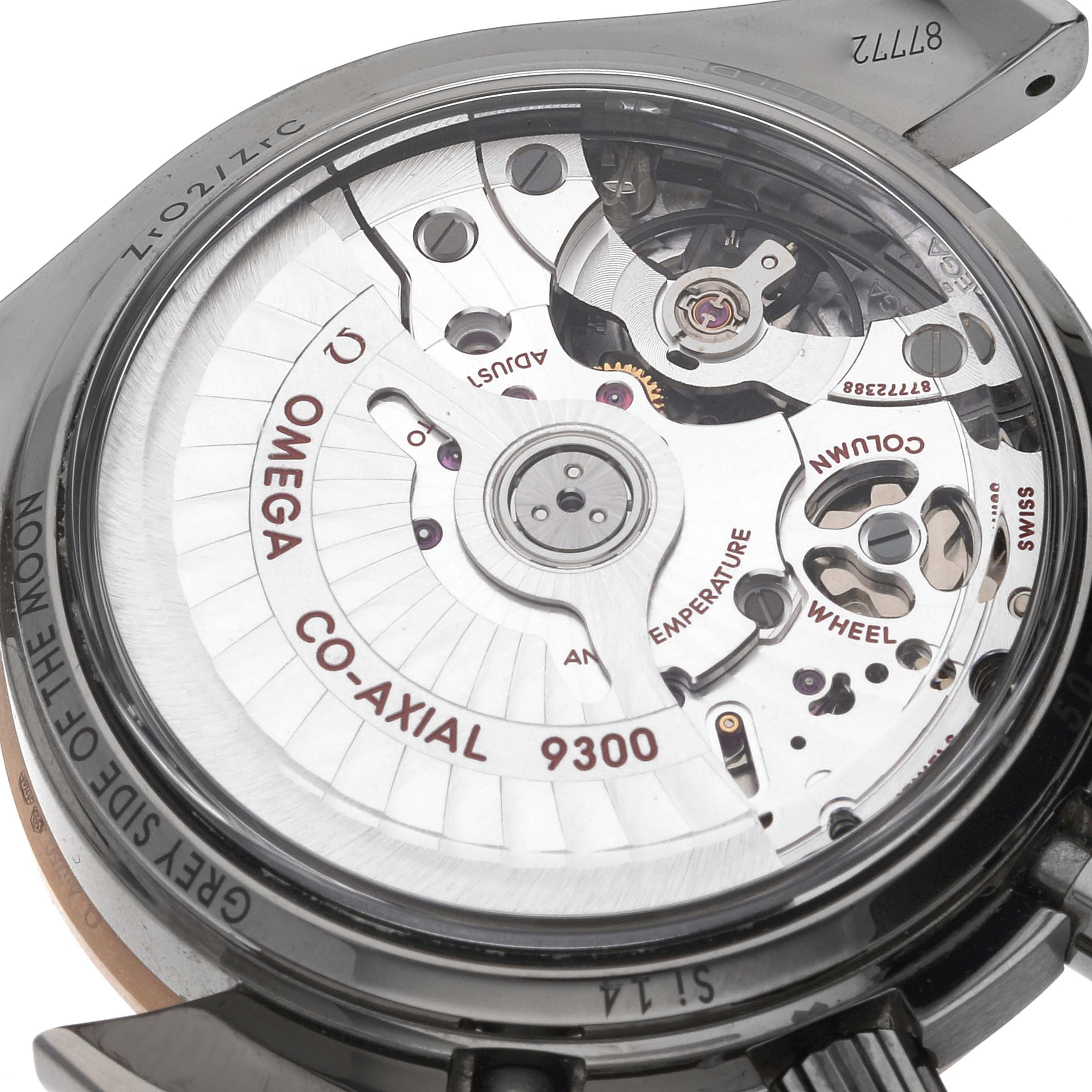 This image shows the back view of an Omega Speedmaster 311.63.44.51.99.001 Men's Ceramic Grey Dial 311.63.44.51.99.001 Men's Ceramic Grey Dial watch, revealing its Co-Axial 9300 movement and internal mechanics.