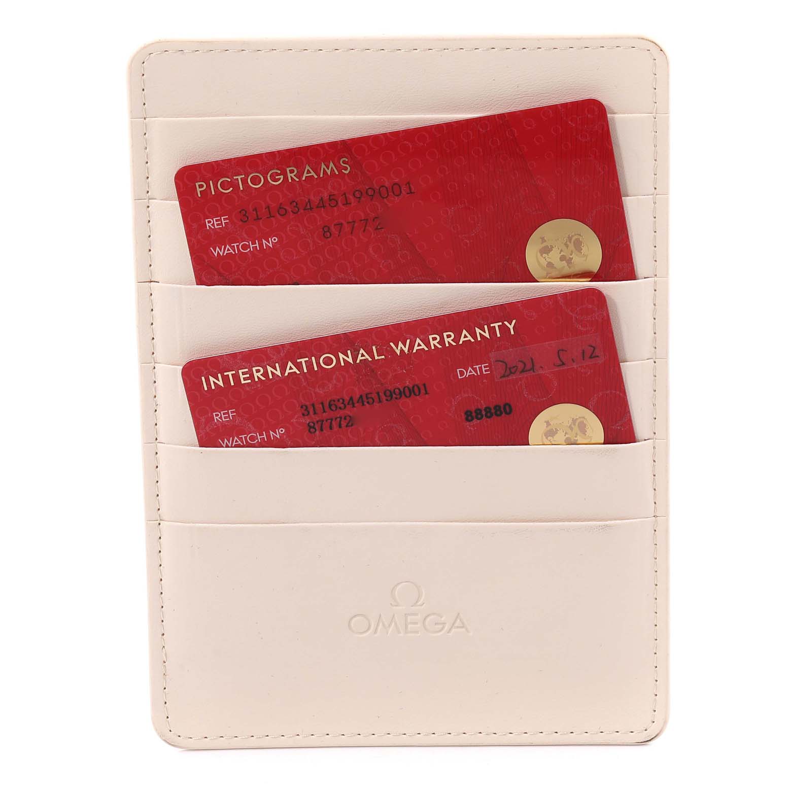 The image shows the warranty cards and a pictogram card for the Omega Speedmaster 311.63.44.51.99.001 Men's Ceramic Grey Dial 311.63.44.51.99.001 Men's Ceramic Grey Dial model in a white cardholder.