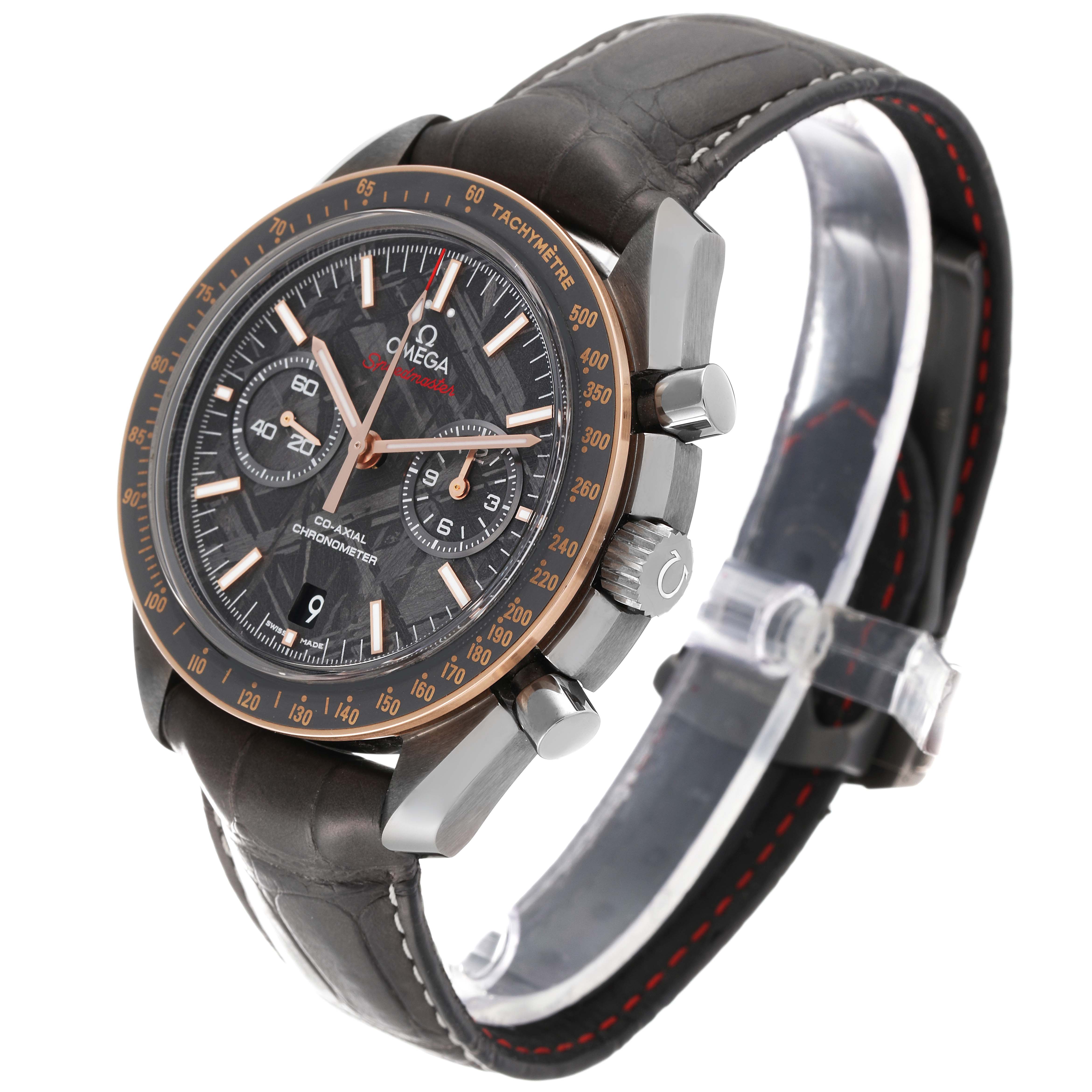 The image shows an angled side view of an Omega Speedmaster 311.63.44.51.99.001 Men's Ceramic Grey Dial 311.63.44.51.99.001 Men's Ceramic Grey Dial watch, highlighting its dial, bezel, crown, and strap.