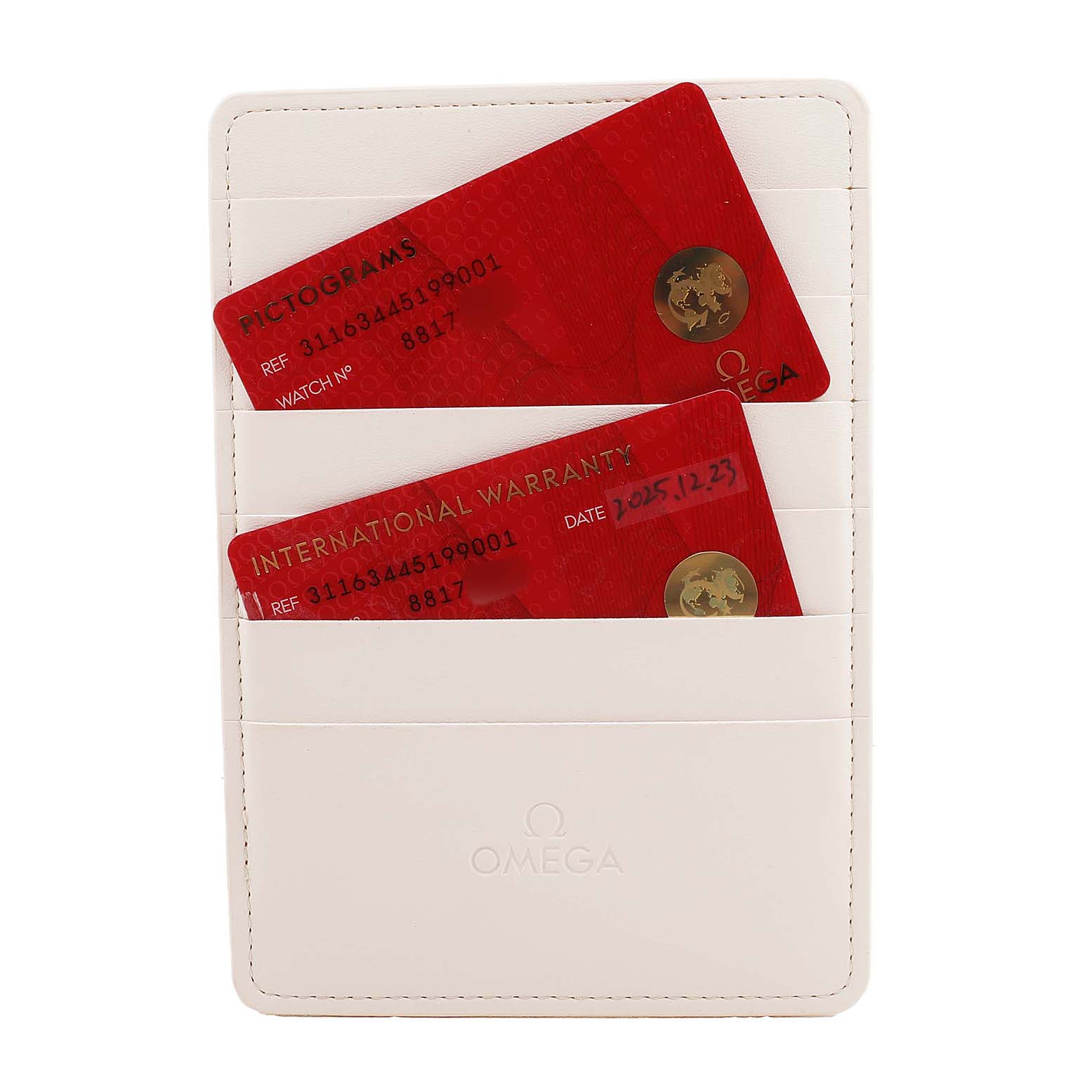 The image shows two red cards for the Omega Speedmaster 311.63.44.51.99.001 Men's Ceramic Grey Dial, placed in a white Omega cardholder.
