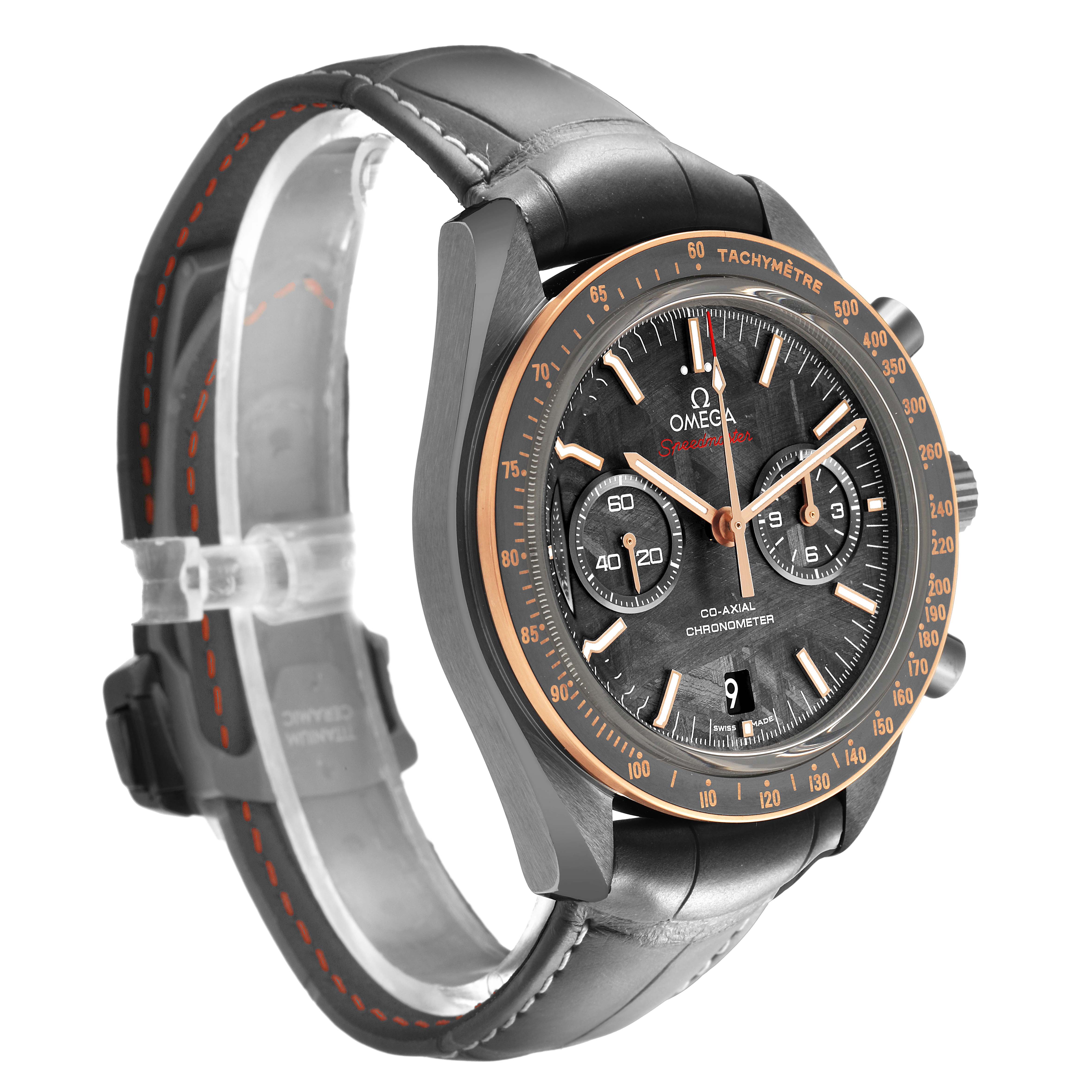 The Omega Speedmaster 311.63.44.51.99.001 Men's Ceramic Grey Dial watch is shown at a three-quarter angle, highlighting the face and side buttons, with a leather strap visible.