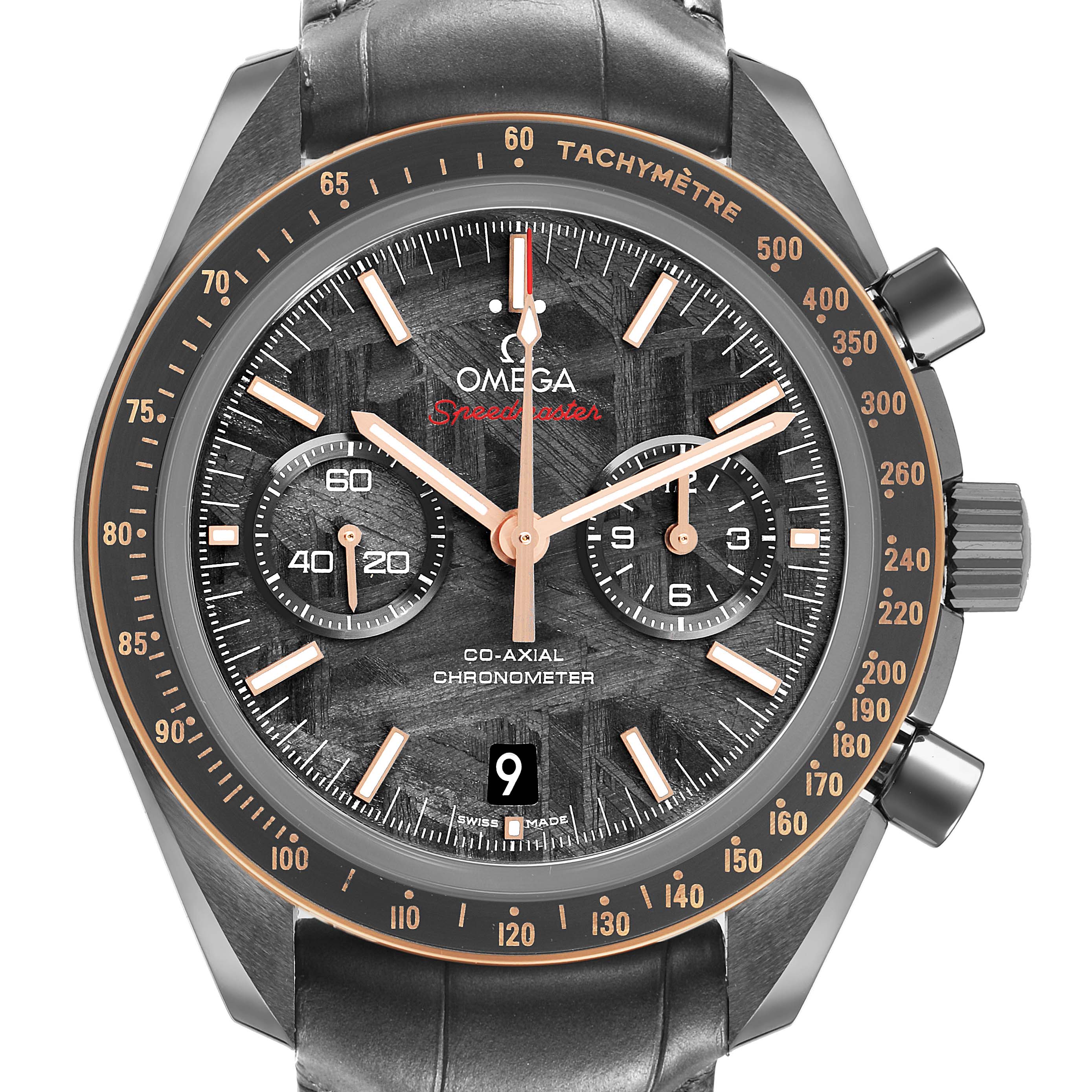 The Omega Speedmaster 311.63.44.51.99.001 Men's Ceramic Grey Dial watch is shown at a front angle, highlighting the dial, subdials, and tachymeter bezel.