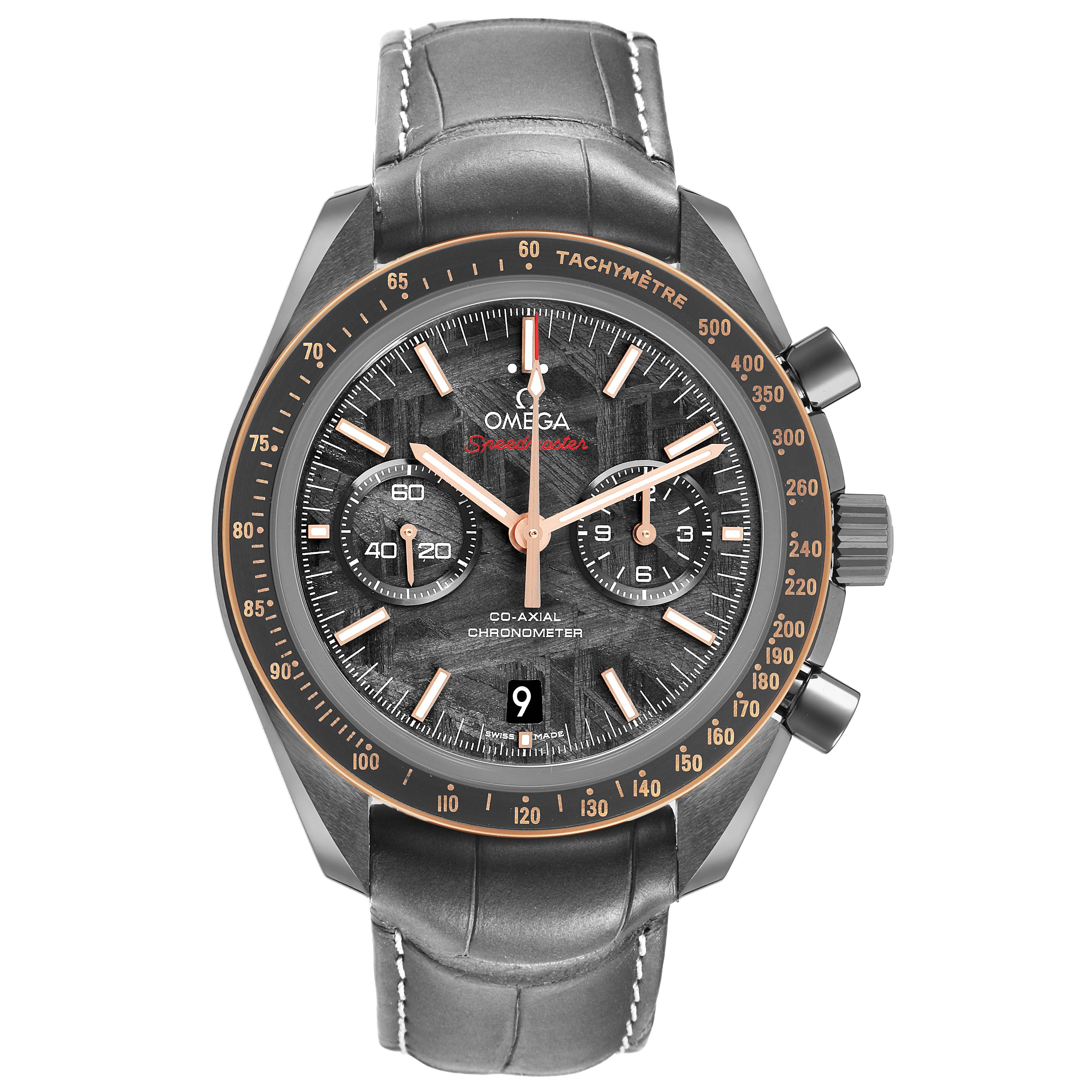 The image shows an Omega Speedmaster 311.63.44.51.99.001 Men's Ceramic Grey Dial watch from a front angle, highlighting the face, bezel, and strap.